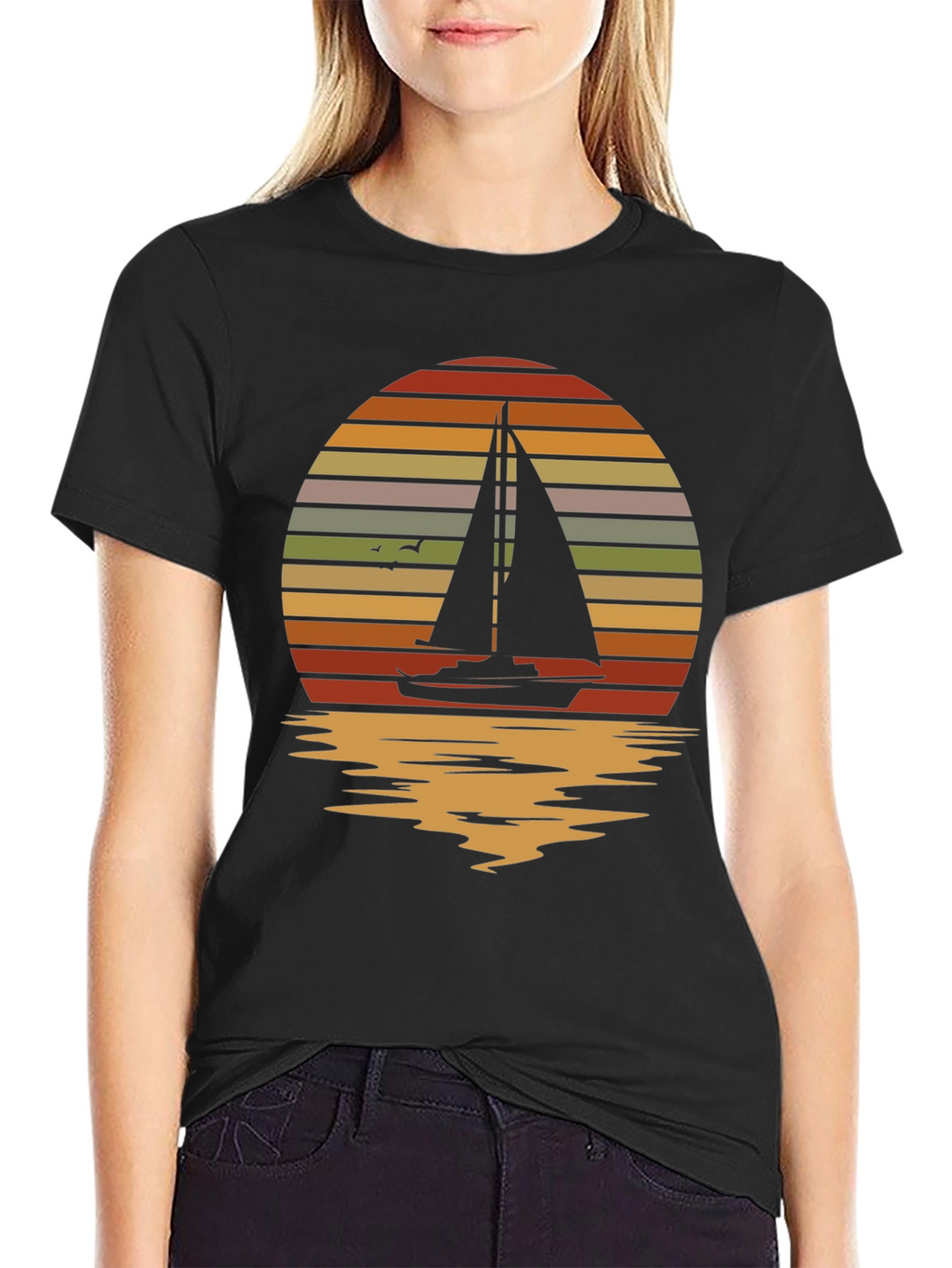 Sailboat Sunset Graphic Tee - Retro Style Black T-Shirt