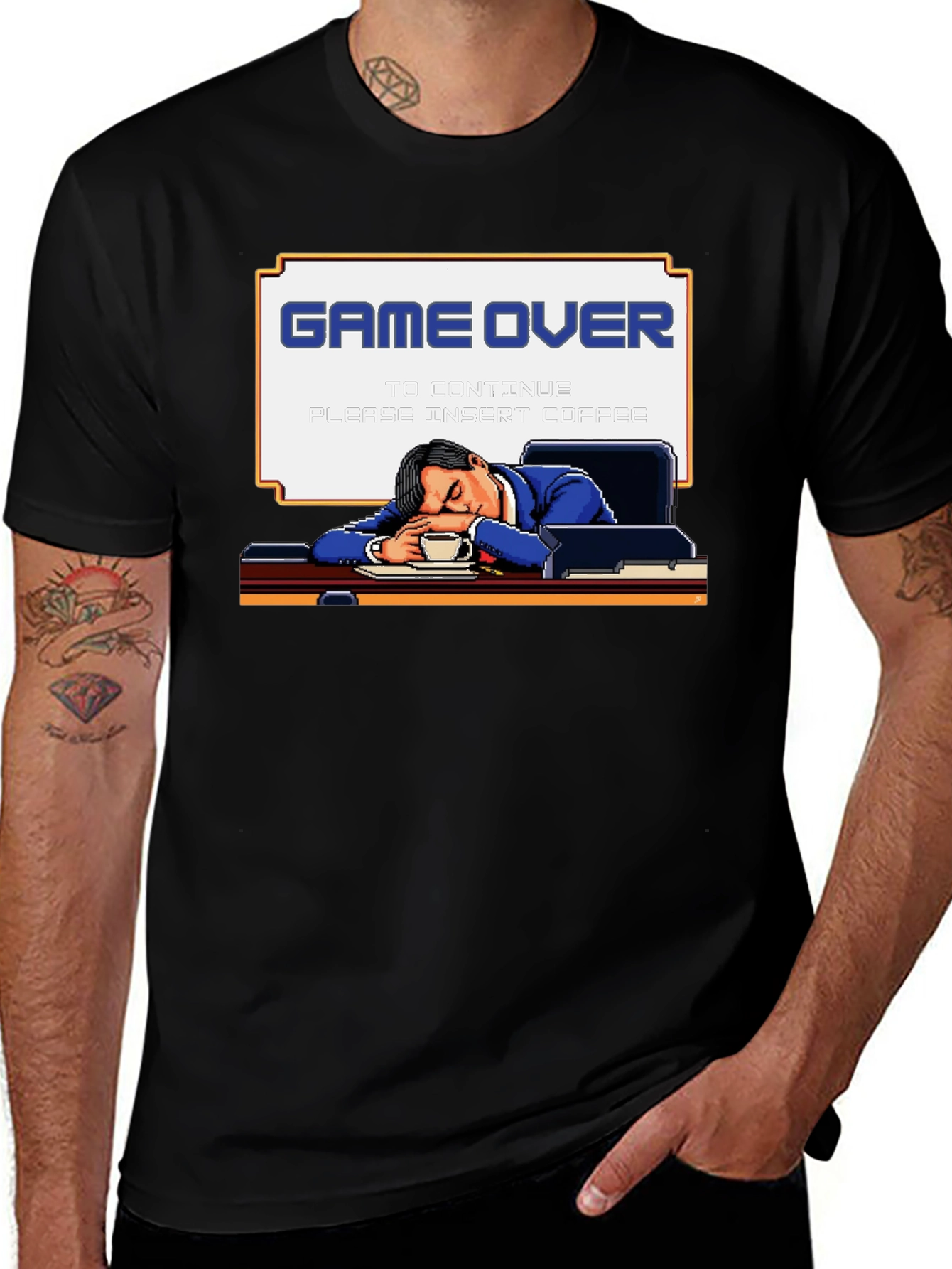 Game Over Coffee Mens T-Shirt Funny Pixelated Graphic Tee