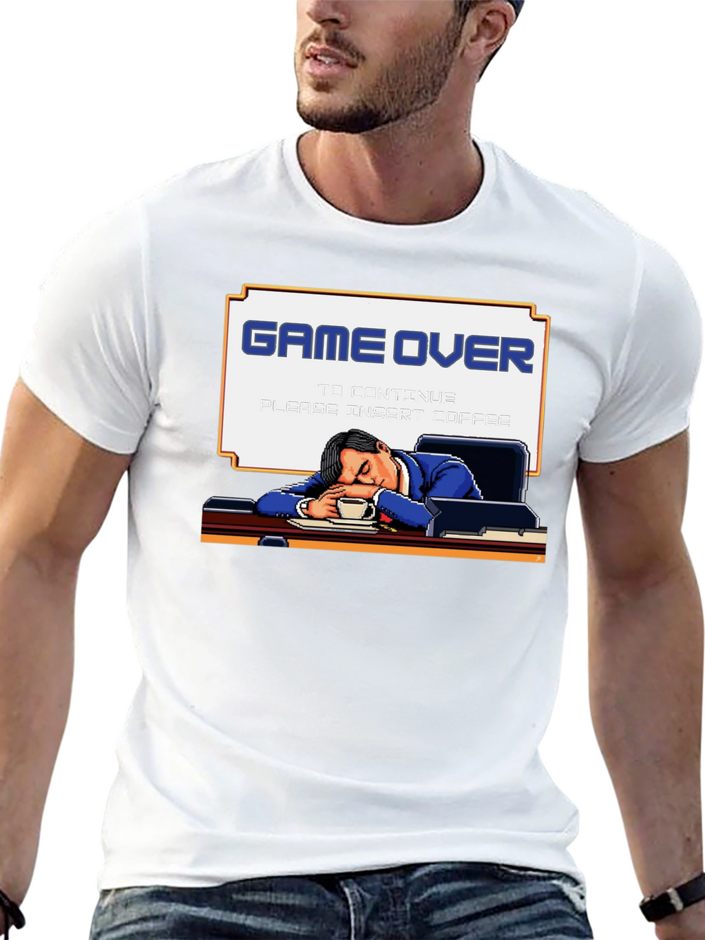 Game Over Coffee Mens T-Shirt Funny Pixelated Graphic Tee