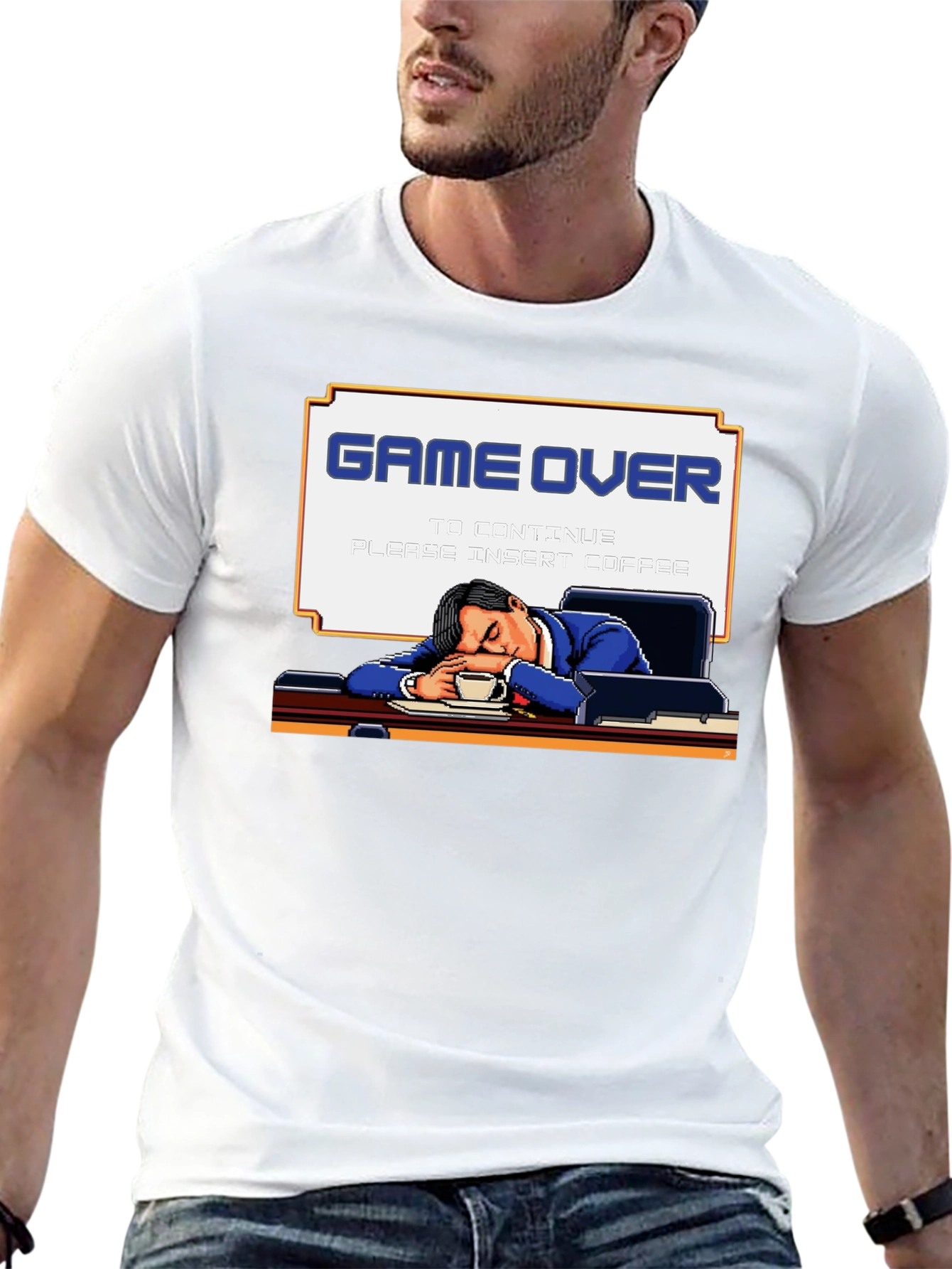 Game Over Coffee Mens T-Shirt Funny Pixelated Graphic Tee