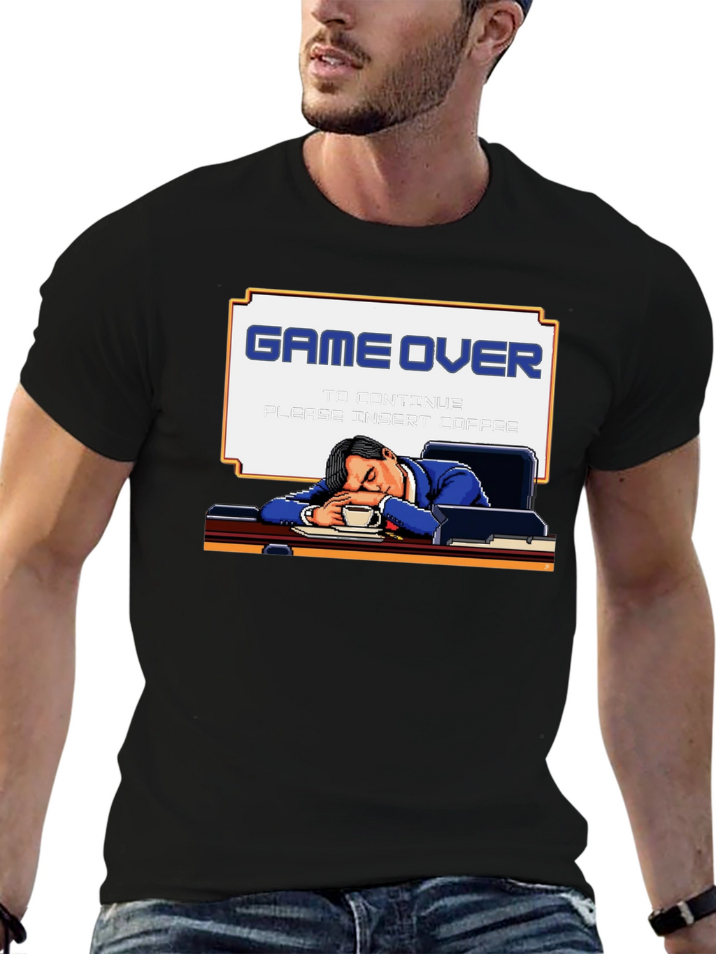 Game Over Coffee Mens T-Shirt Funny Pixelated Graphic Tee