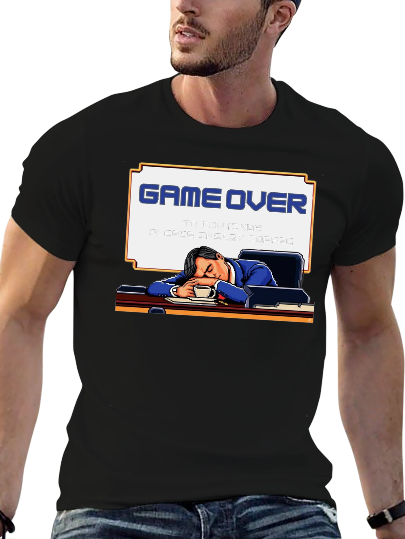 Game Over Coffee Mens T-Shirt Funny Pixelated Graphic Tee