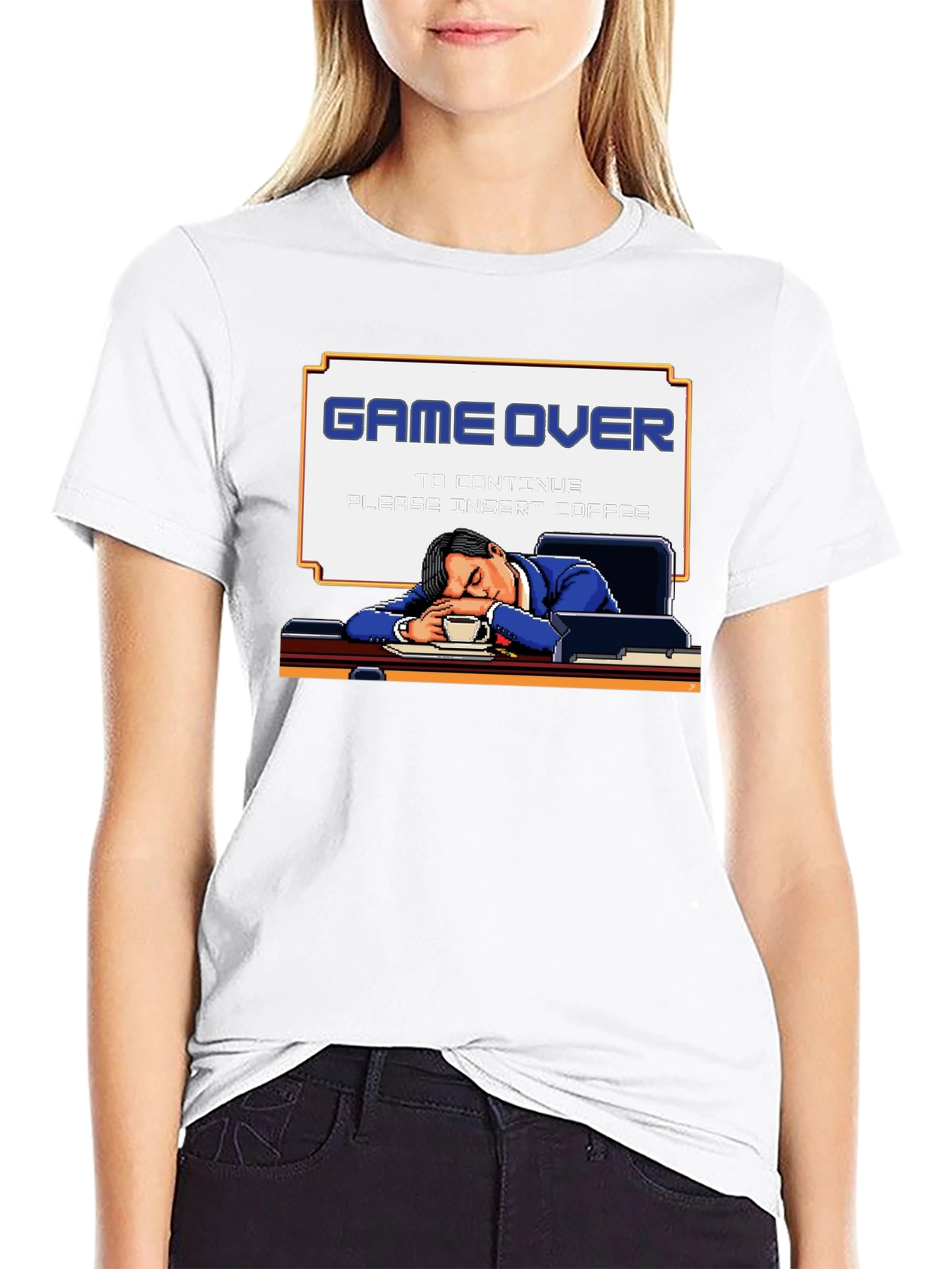 Game Over Coffee Mens T-Shirt Funny Pixelated Graphic Tee