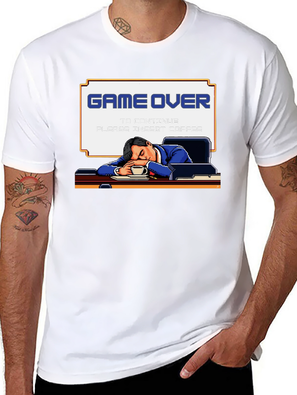 Game Over Coffee Mens T-Shirt Funny Pixelated Graphic Tee