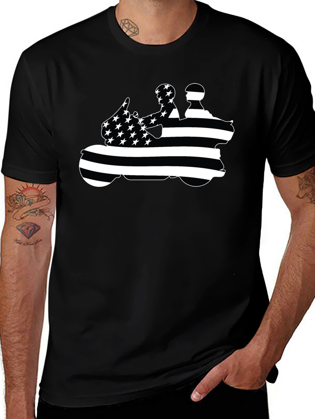 Motorcycle Rider American Flag Black T-Shirt