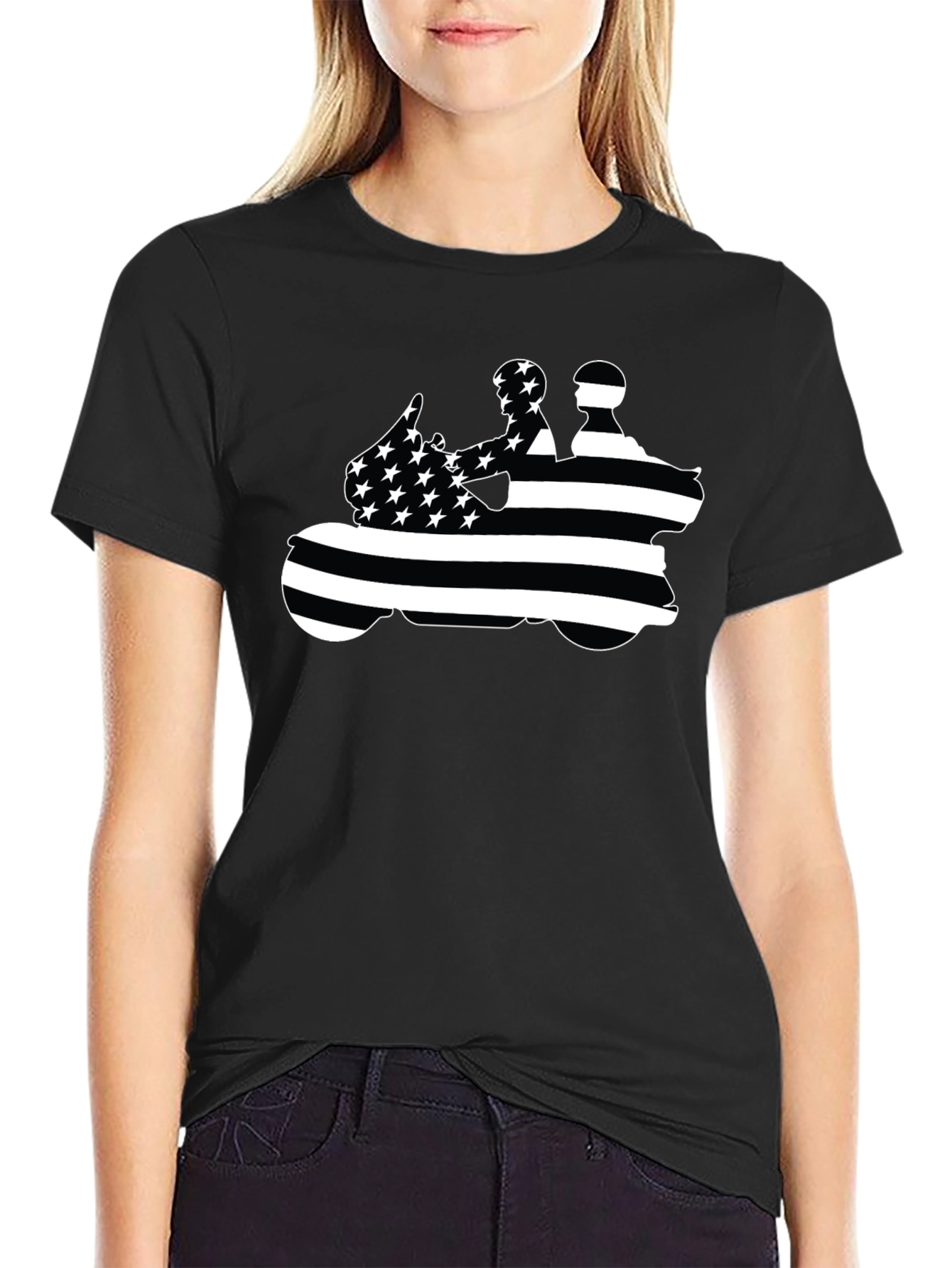 Motorcycle Rider American Flag Black T-Shirt