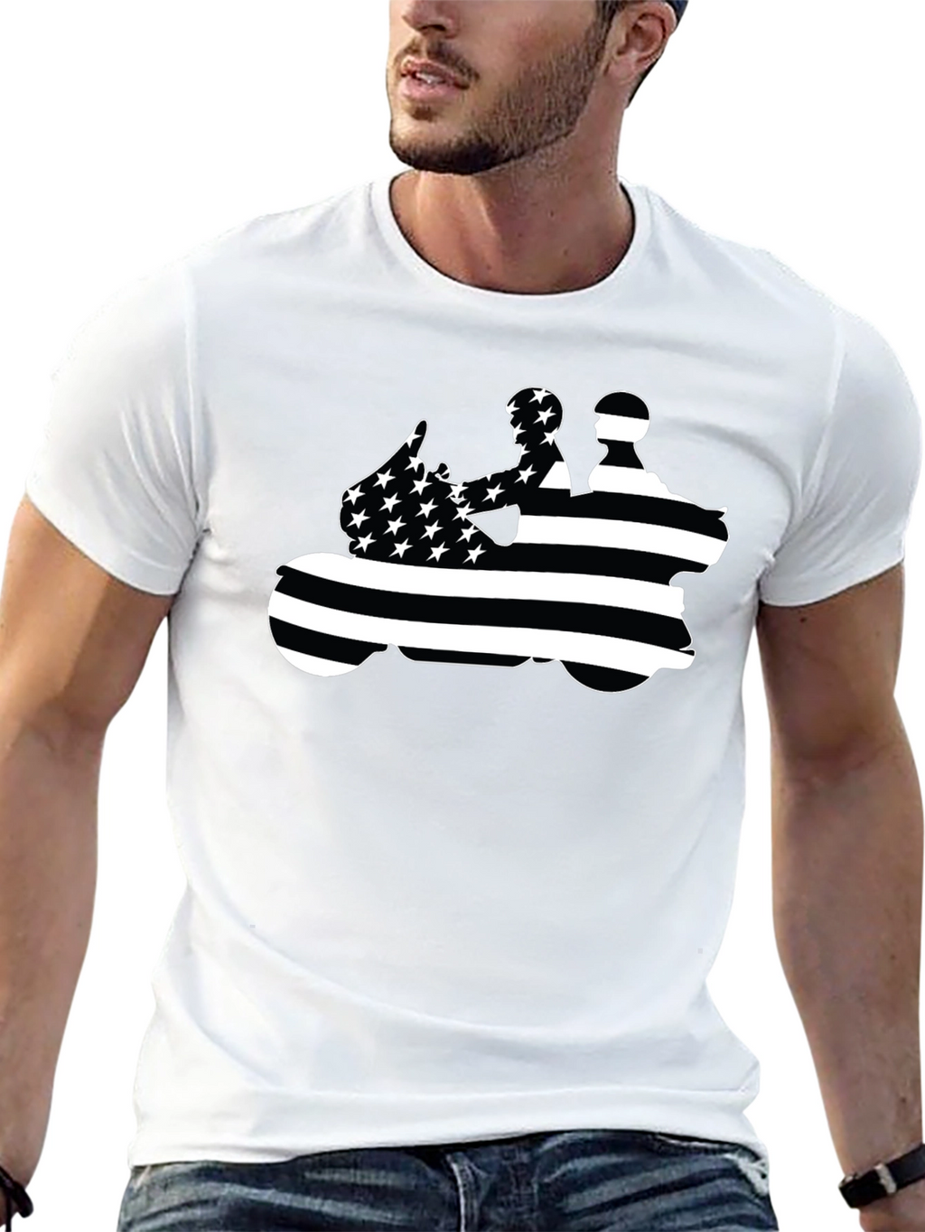 Motorcycle Rider American Flag Black T-Shirt