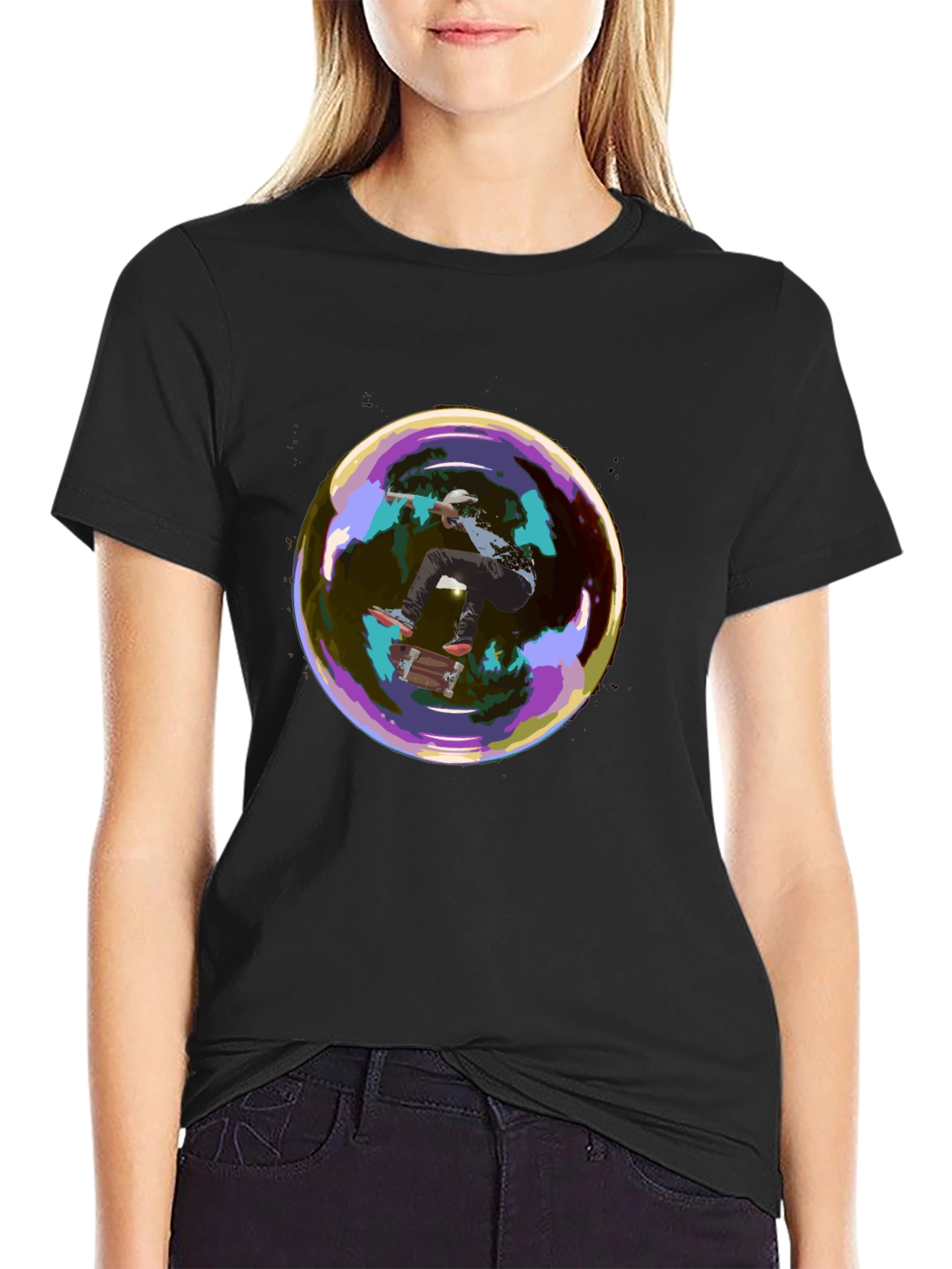 Skater in a Bubble Graphic T-Shirt - Black