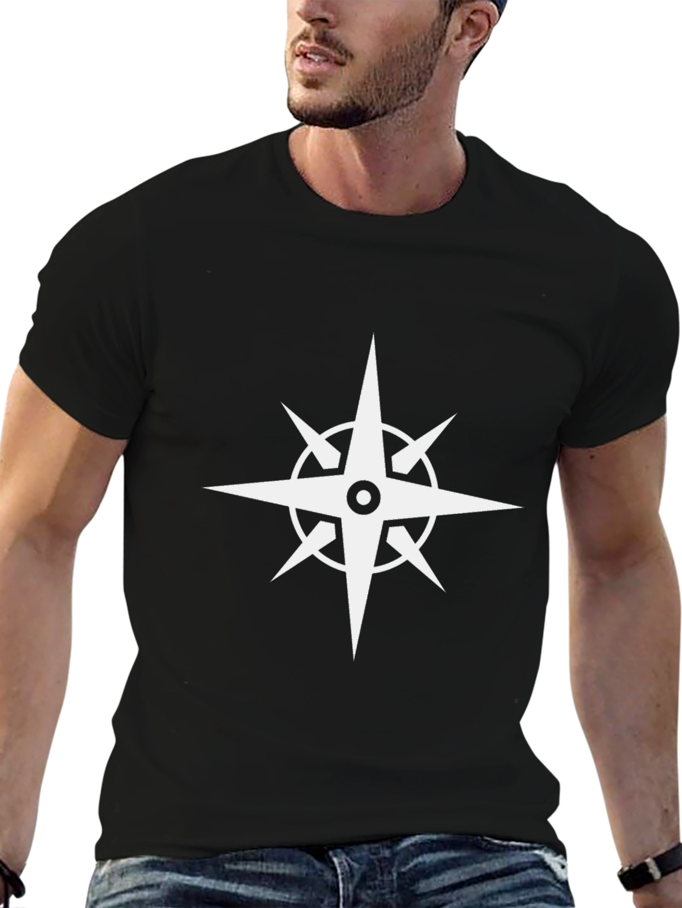 Black T-Shirt with Compass Design