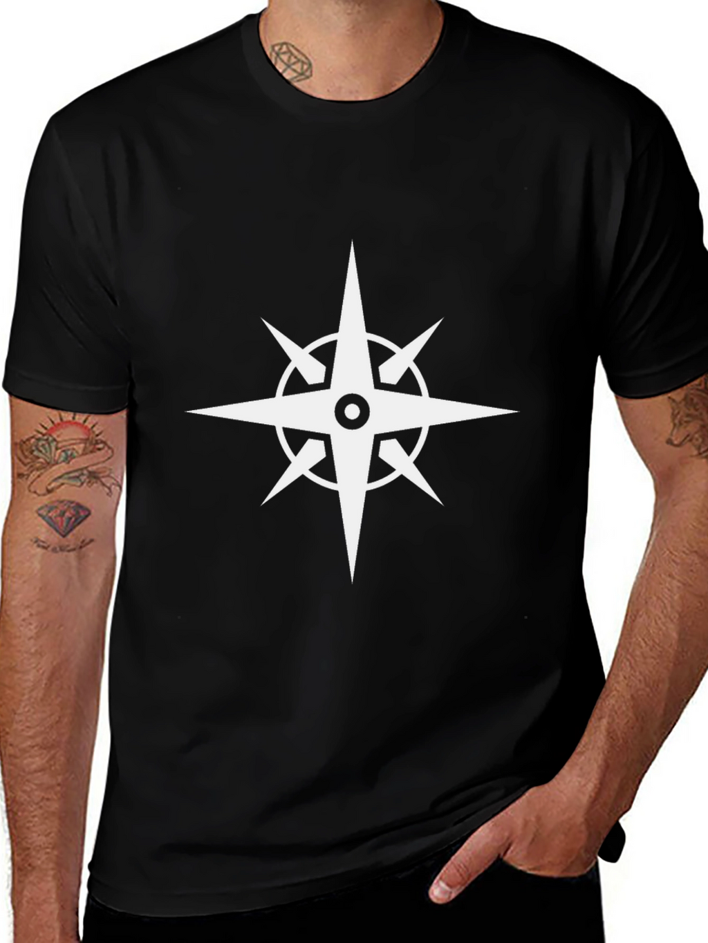 Black T-Shirt with Compass Design