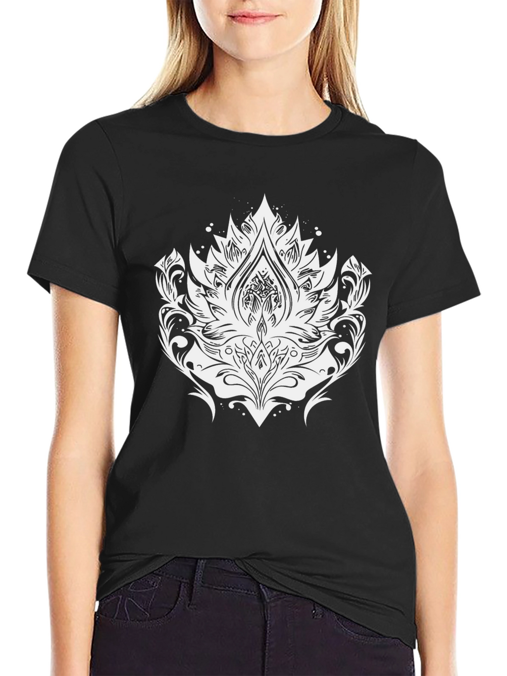 Black Tee with Elegant White Lotus Graphic