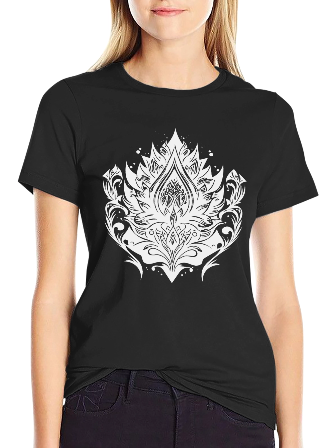 Black Tee with Elegant White Lotus Graphic