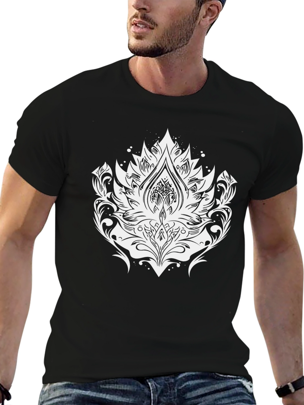 Black Tee with Elegant White Lotus Graphic
