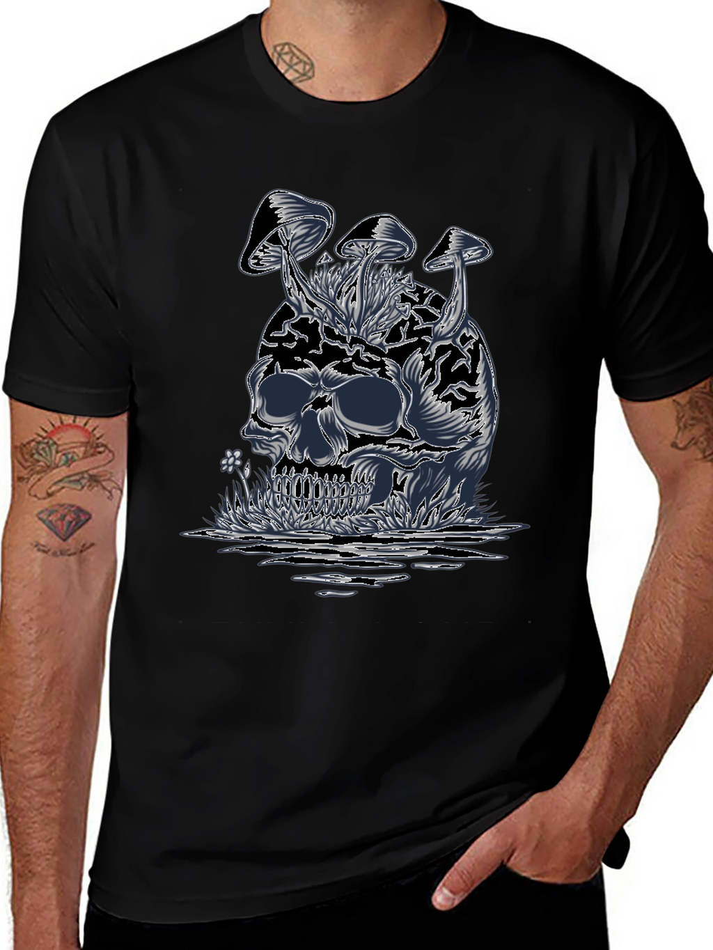 Skull & Mushroom Graphic Tee - Dark Style