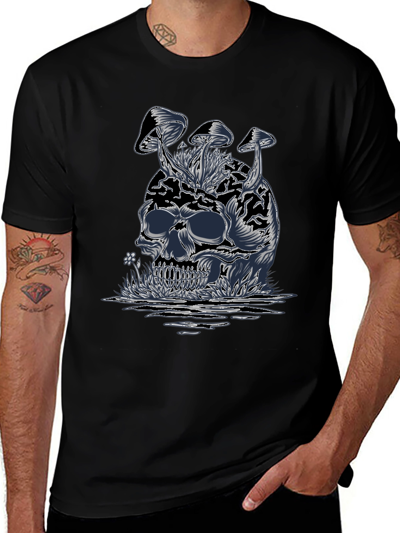 Skull & Mushroom Graphic Tee - Dark Style