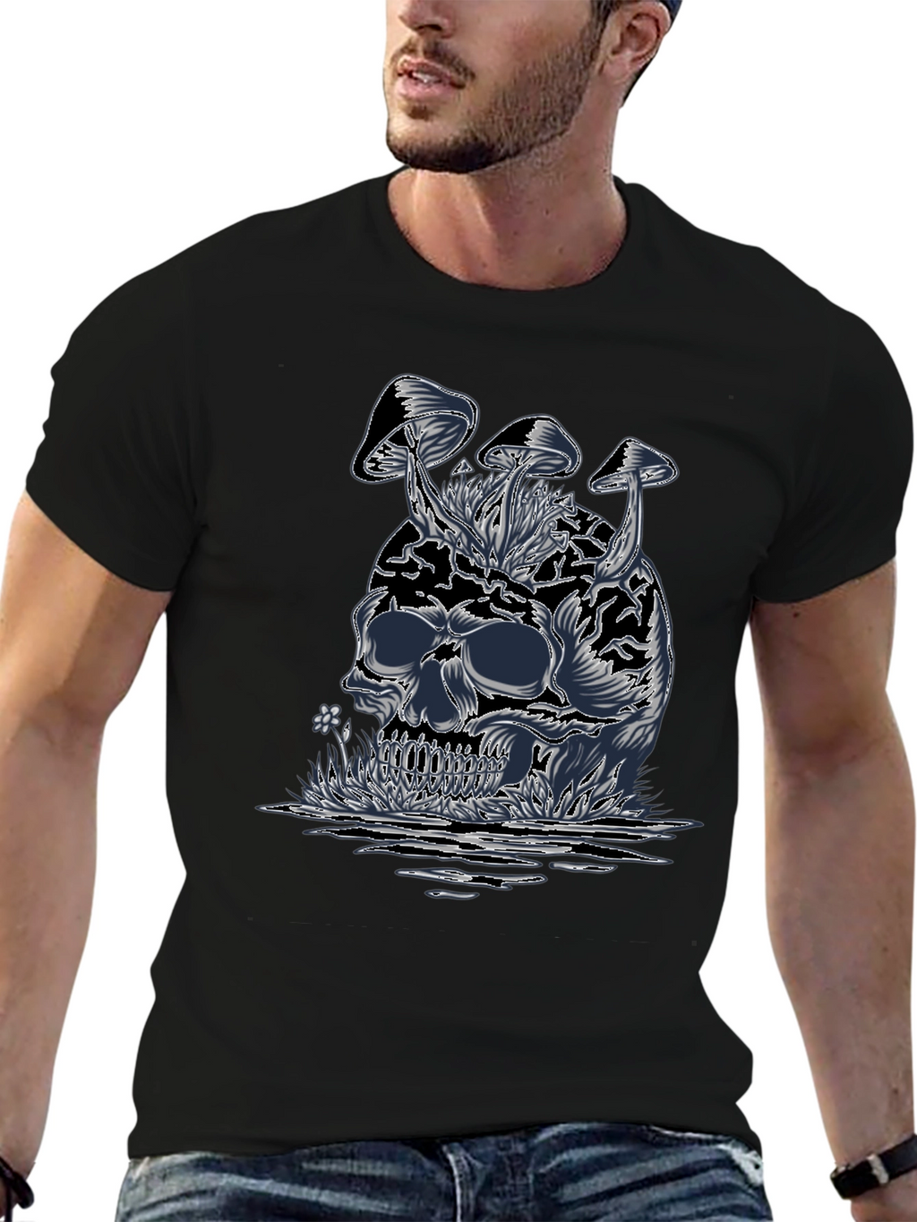 Skull & Mushroom Graphic Tee - Dark Style