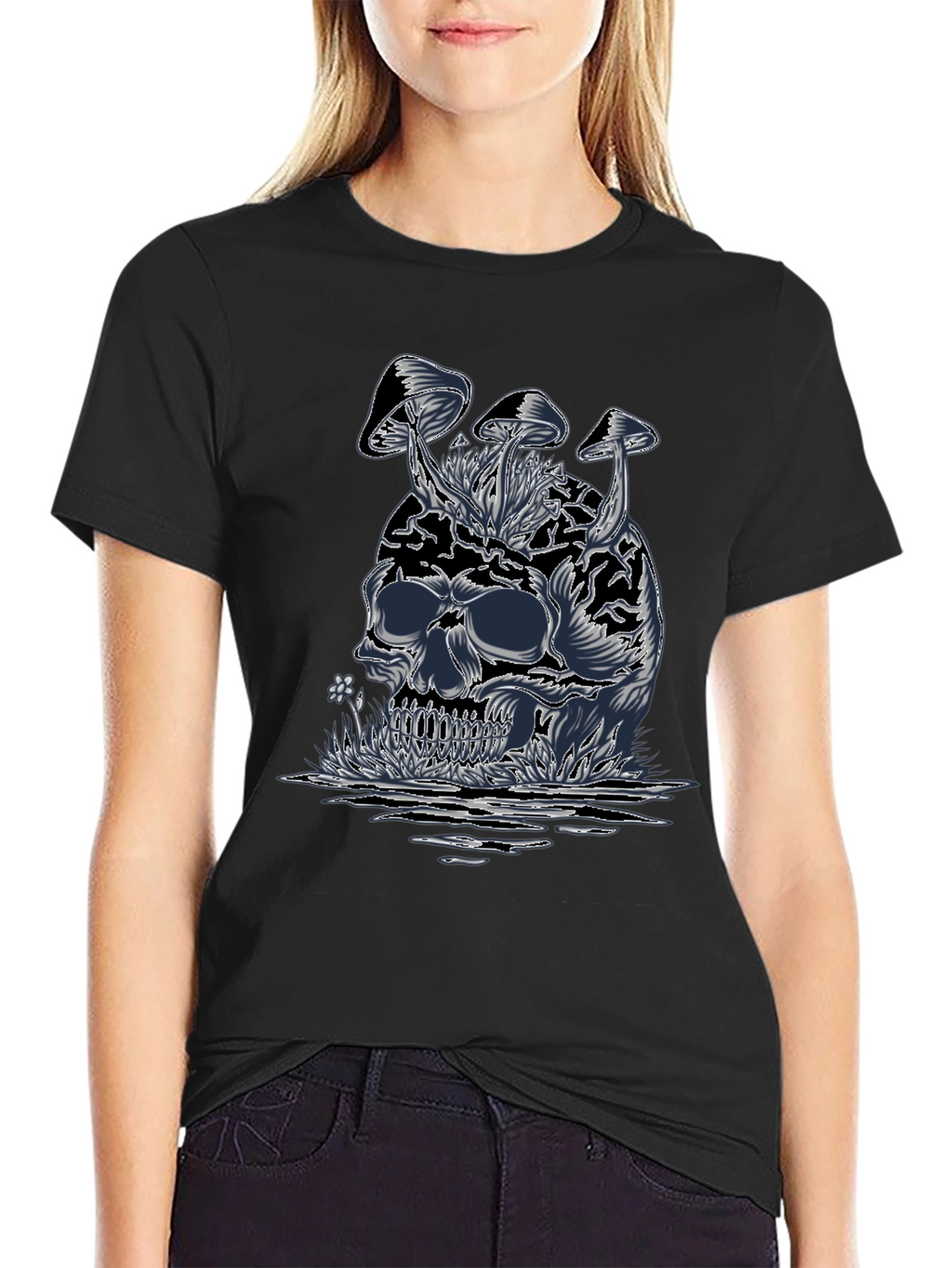 Skull & Mushroom Graphic Tee - Dark Style