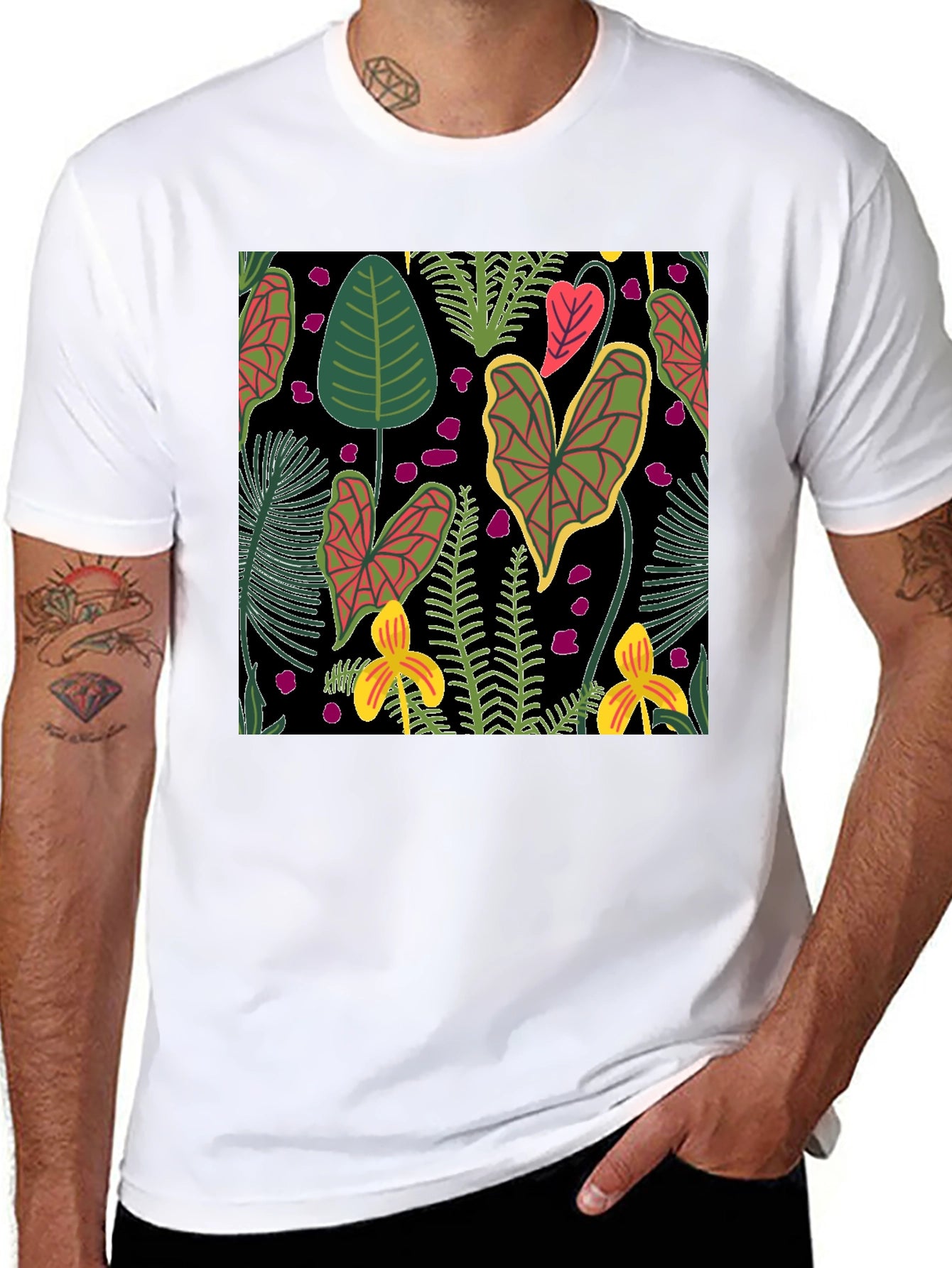 Tropical Plant Pattern Black T-Shirt