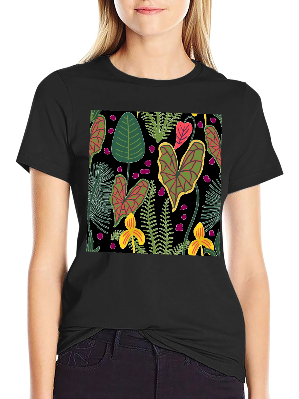 Tropical Plant Pattern Black T-Shirt