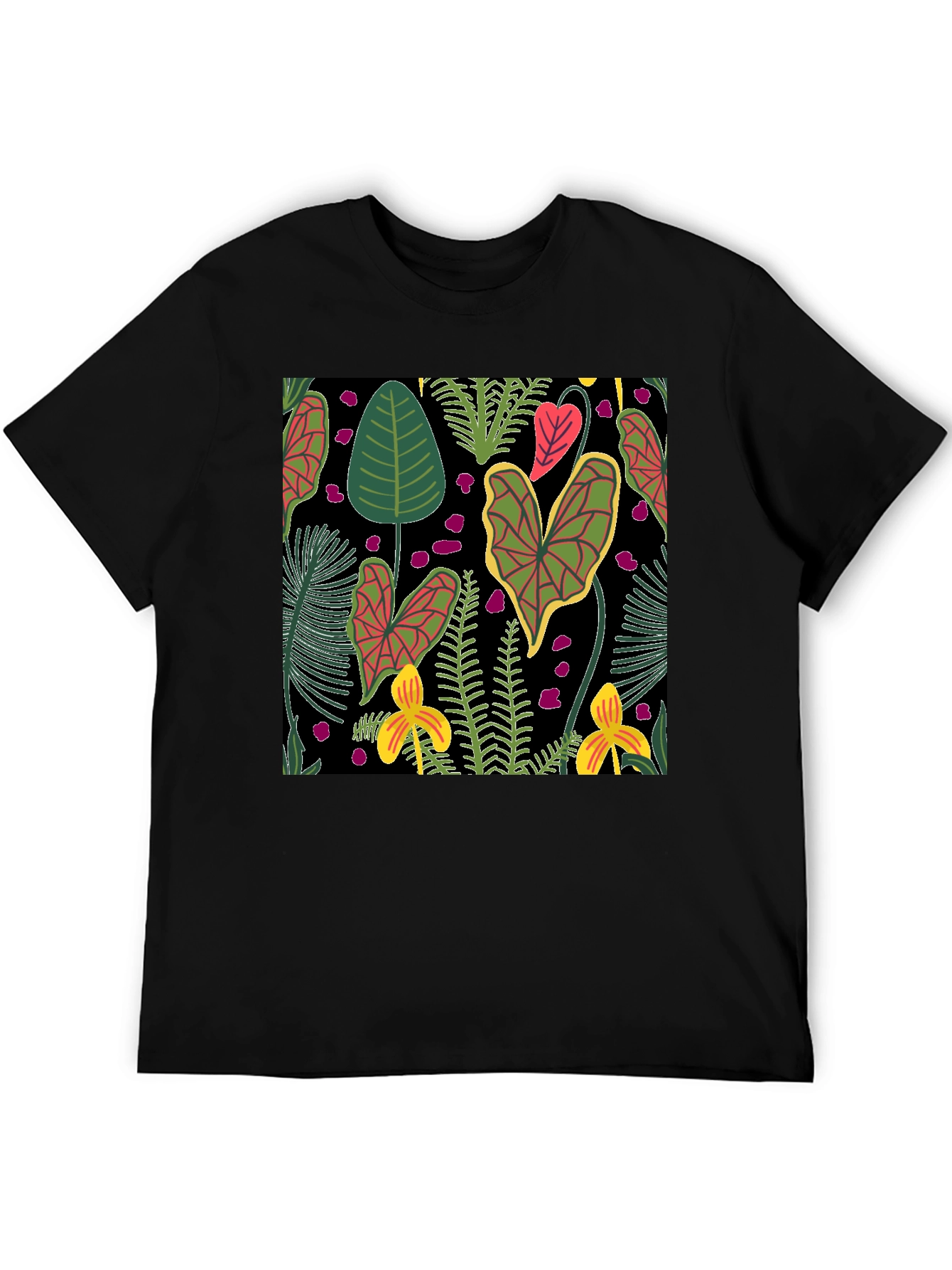 Tropical Plant Pattern Black T-Shirt