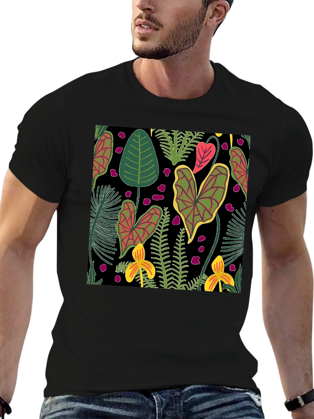 Tropical Plant Pattern Black T-Shirt