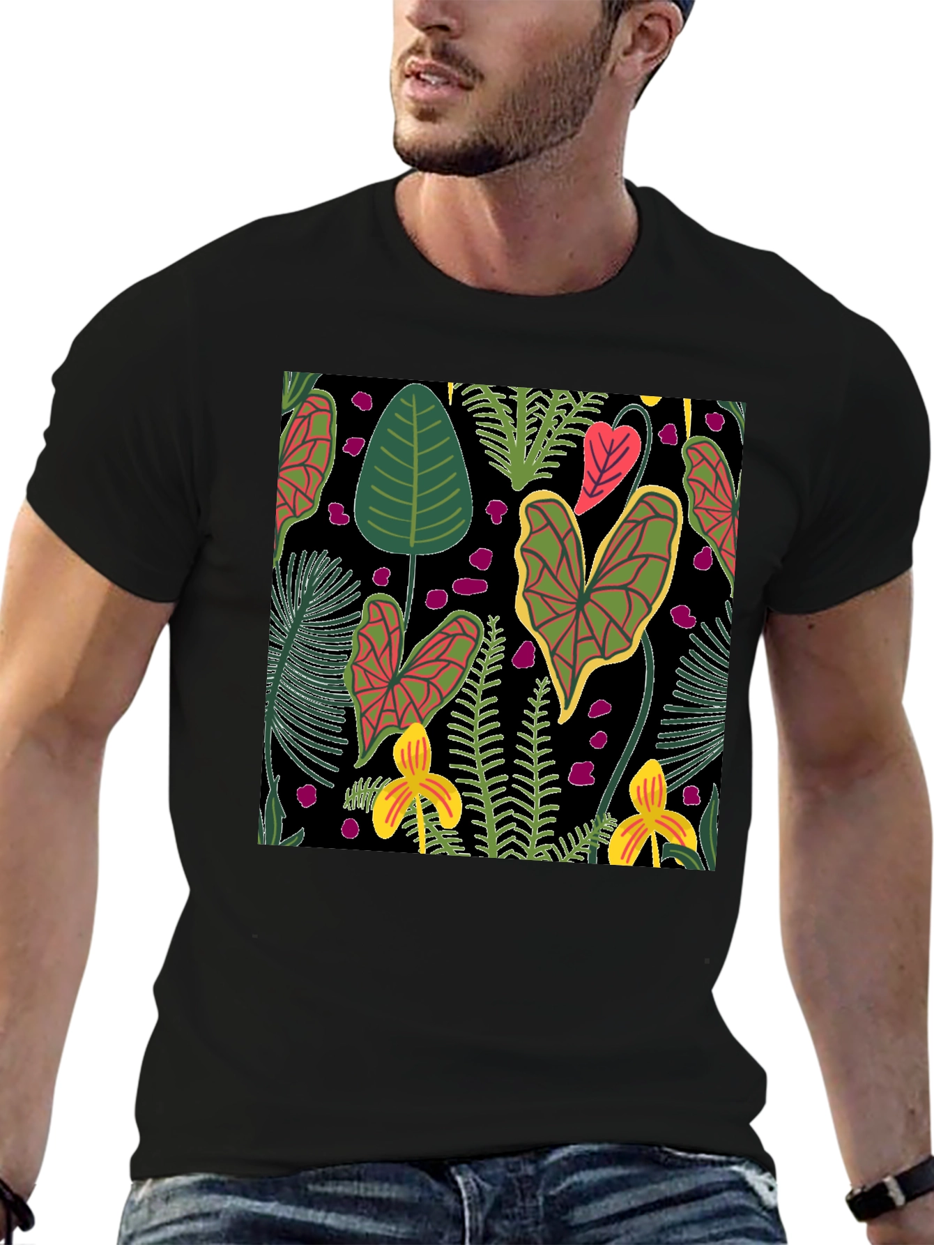 Tropical Plant Pattern Black T-Shirt