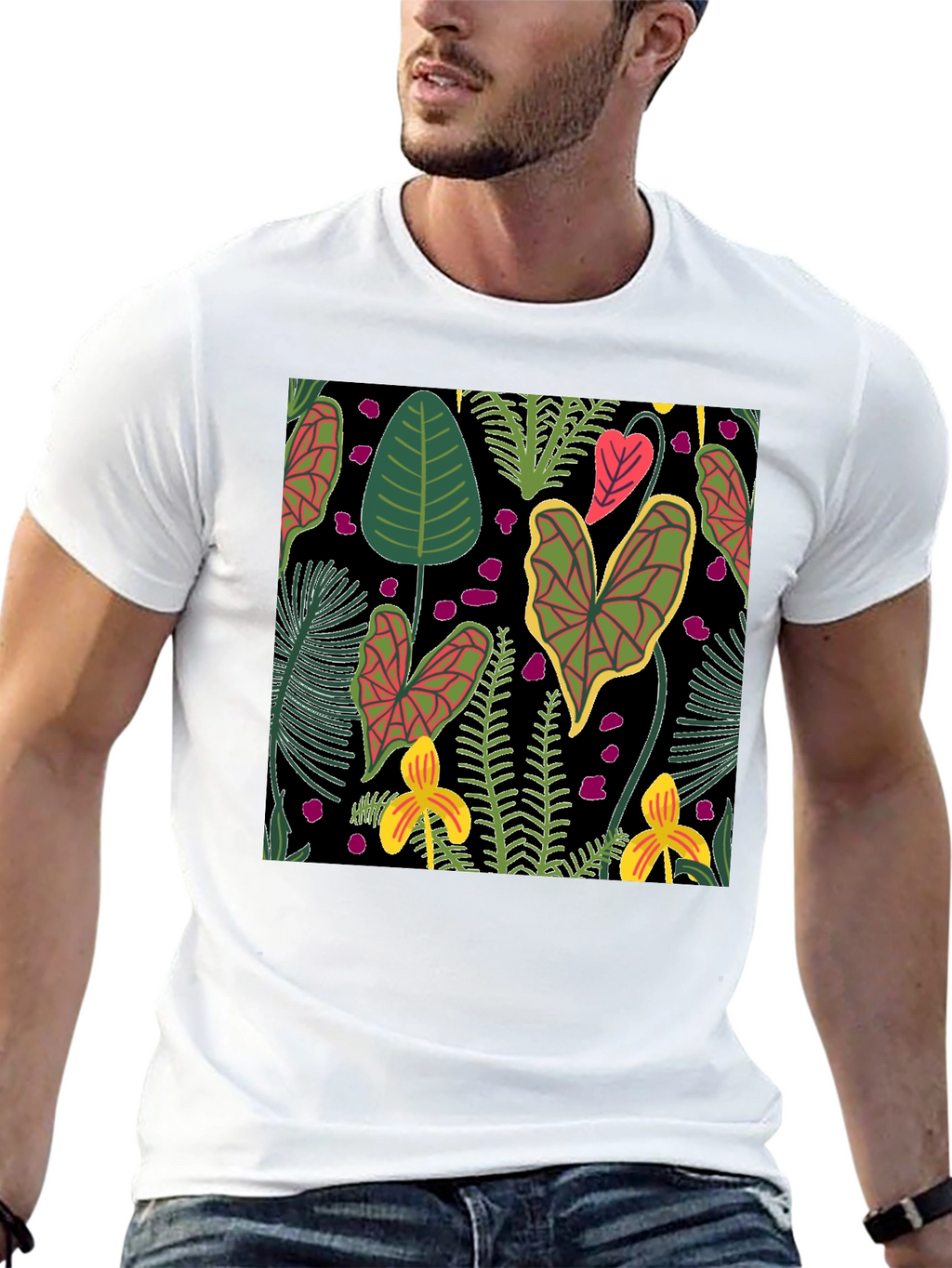 Tropical Plant Pattern Black T-Shirt