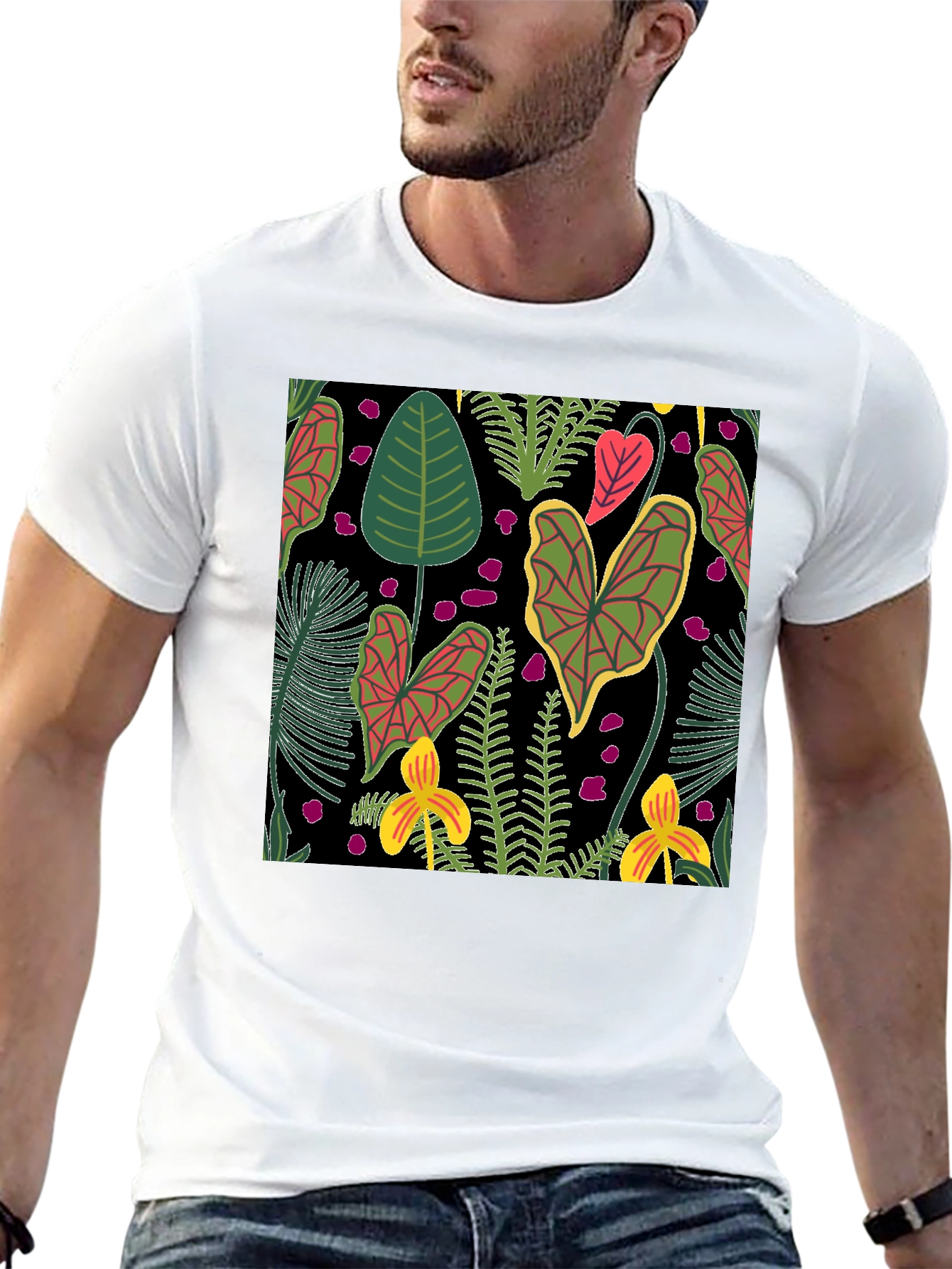 Tropical Plant Pattern Black T-Shirt