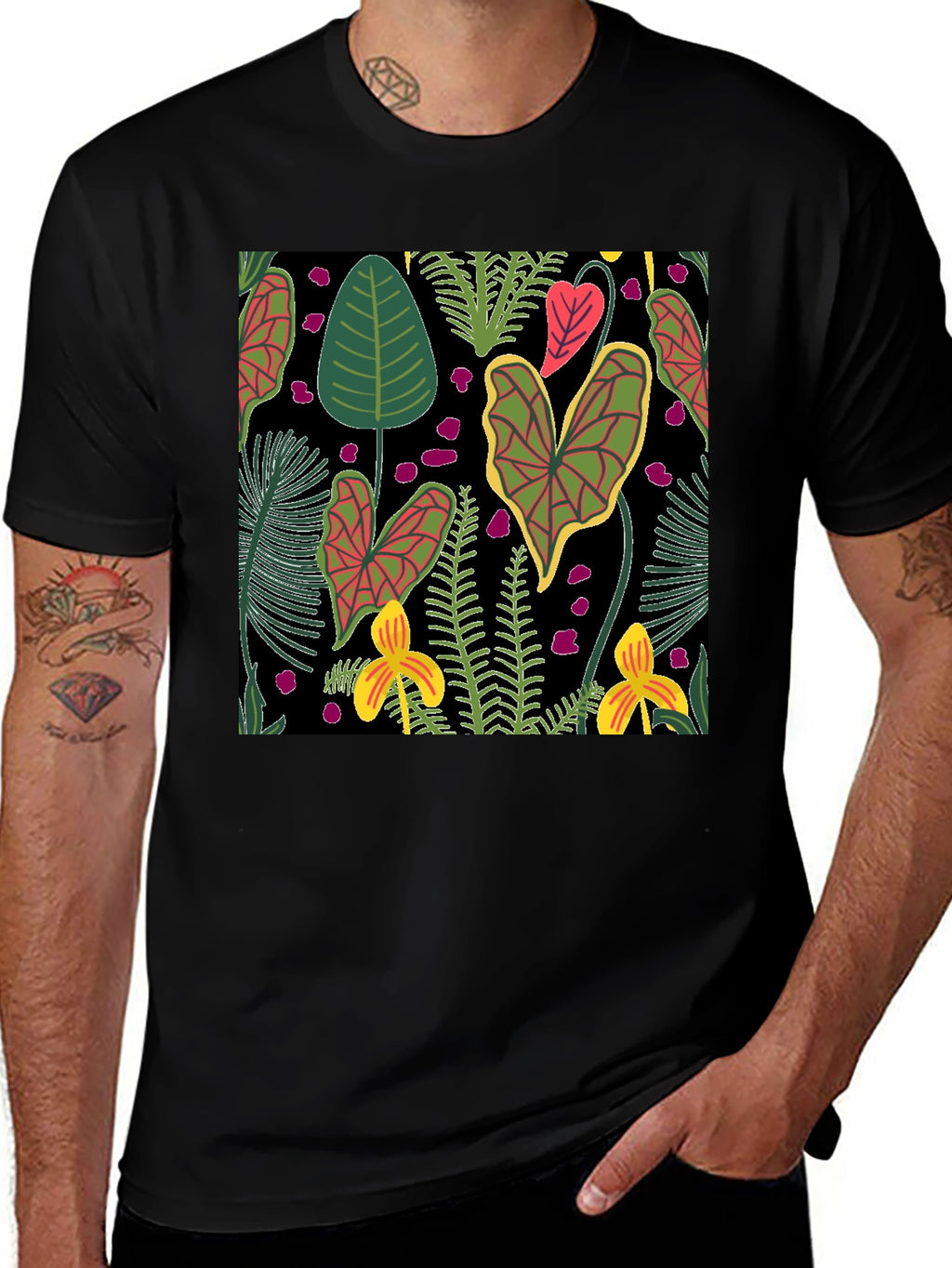 Tropical Plant Pattern Black T-Shirt