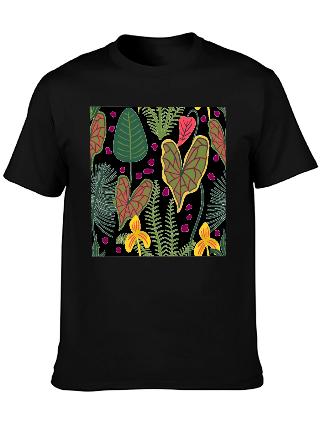Tropical Plant Pattern Black T-Shirt