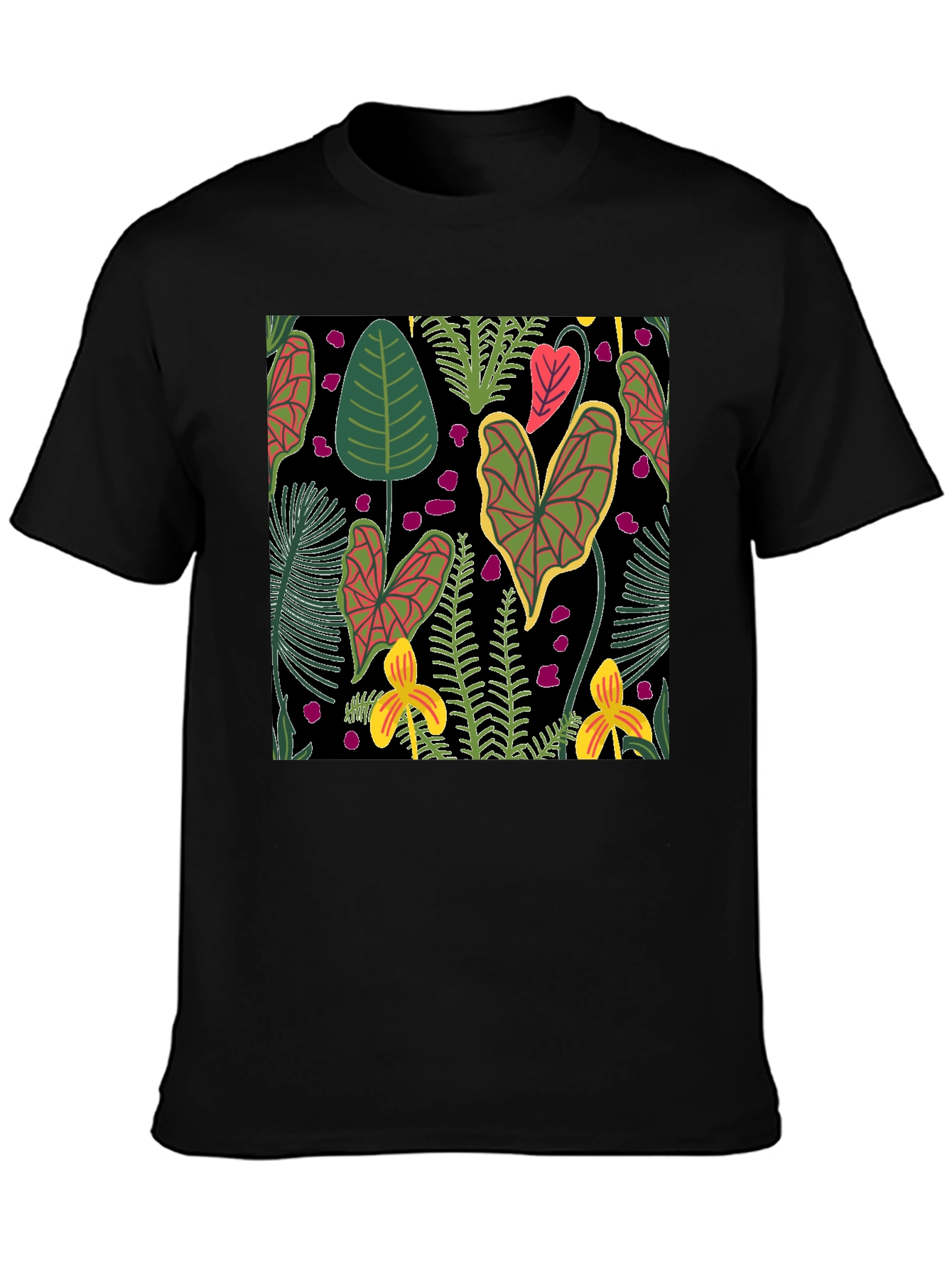 Tropical Plant Pattern Black T-Shirt