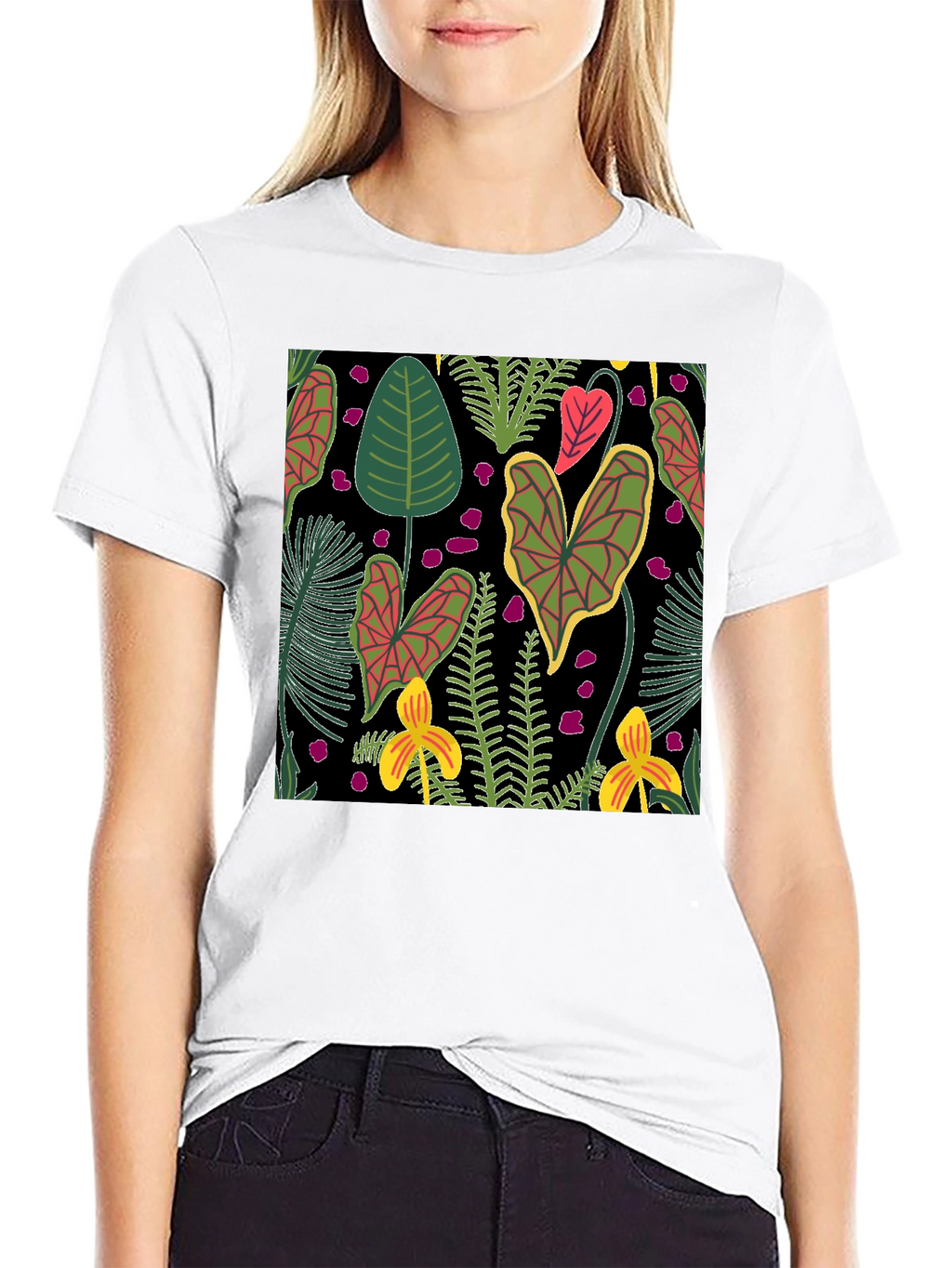 Tropical Plant Pattern Black T-Shirt