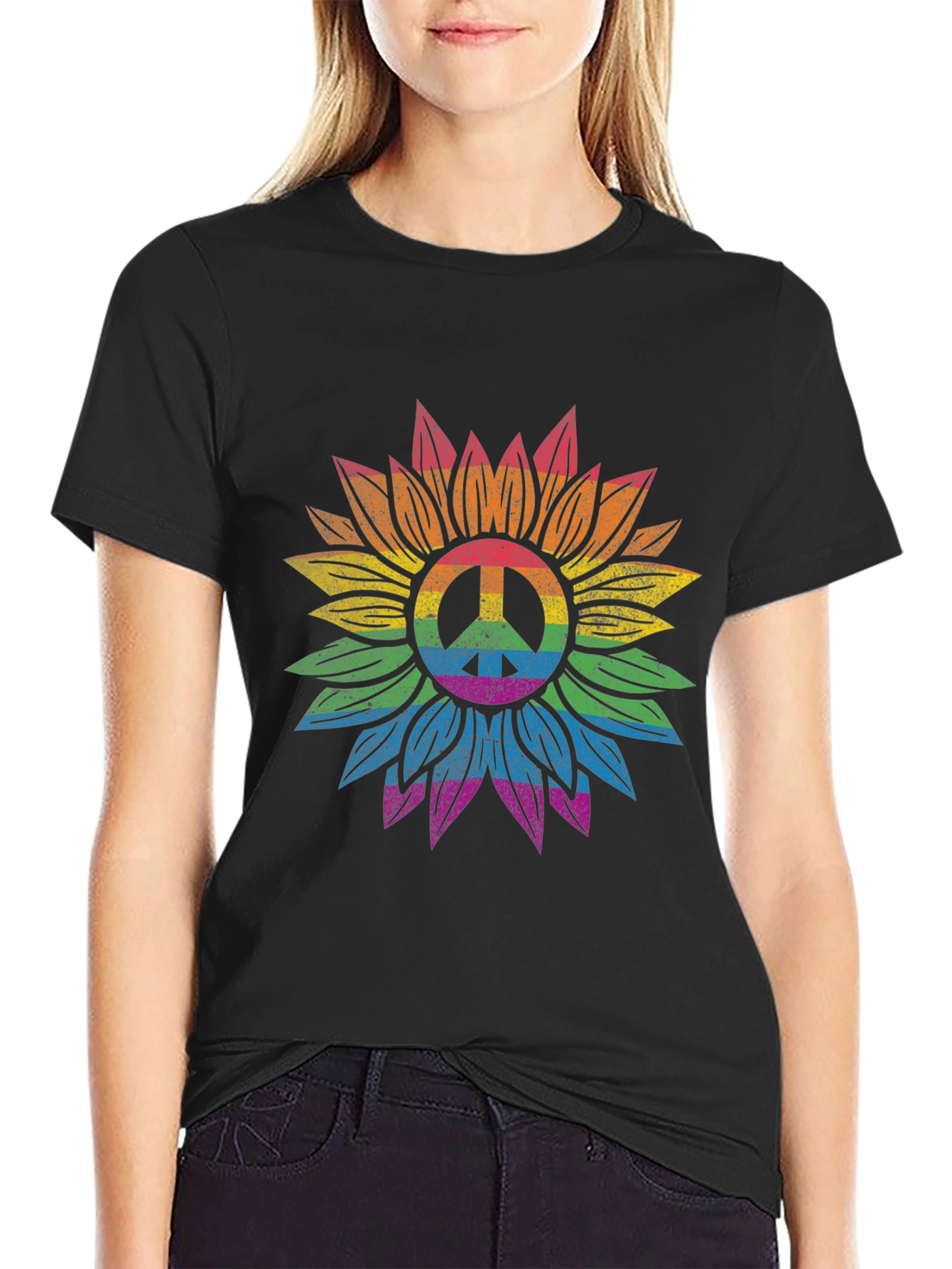 Rainbow Peace Sign Sunflower Graphic Tee