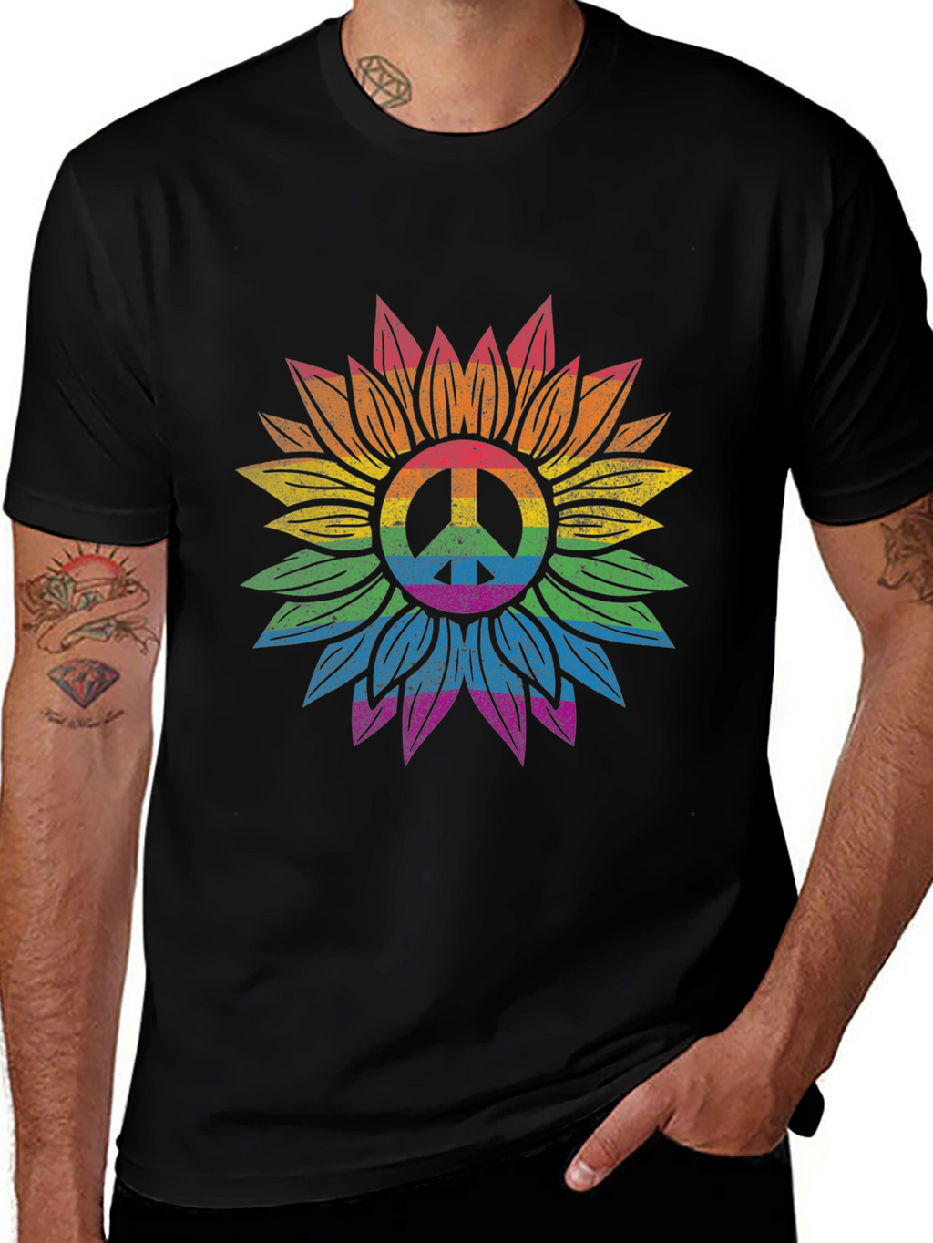 Rainbow Peace Sign Sunflower Graphic Tee