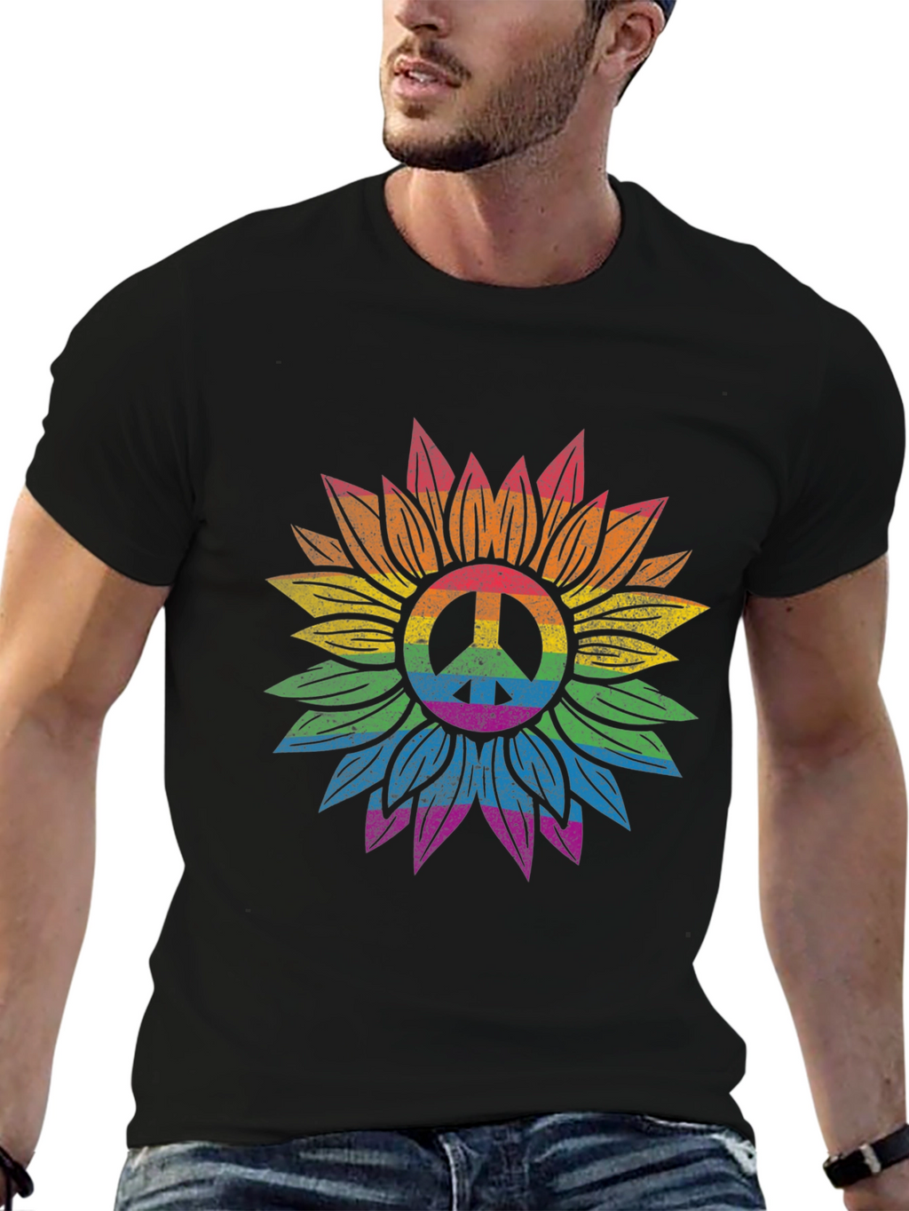 Rainbow Peace Sign Sunflower Graphic Tee