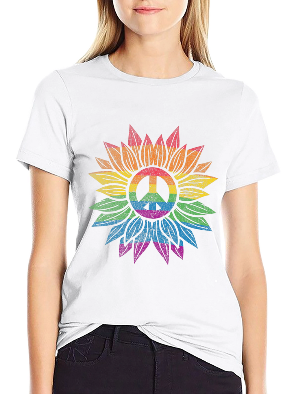 Rainbow Peace Sign Sunflower Graphic Tee