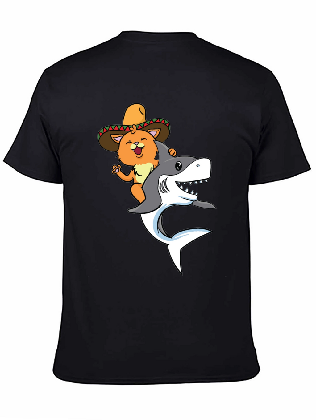 Cat Riding Shark T-Shirt - Black Novelty Tee