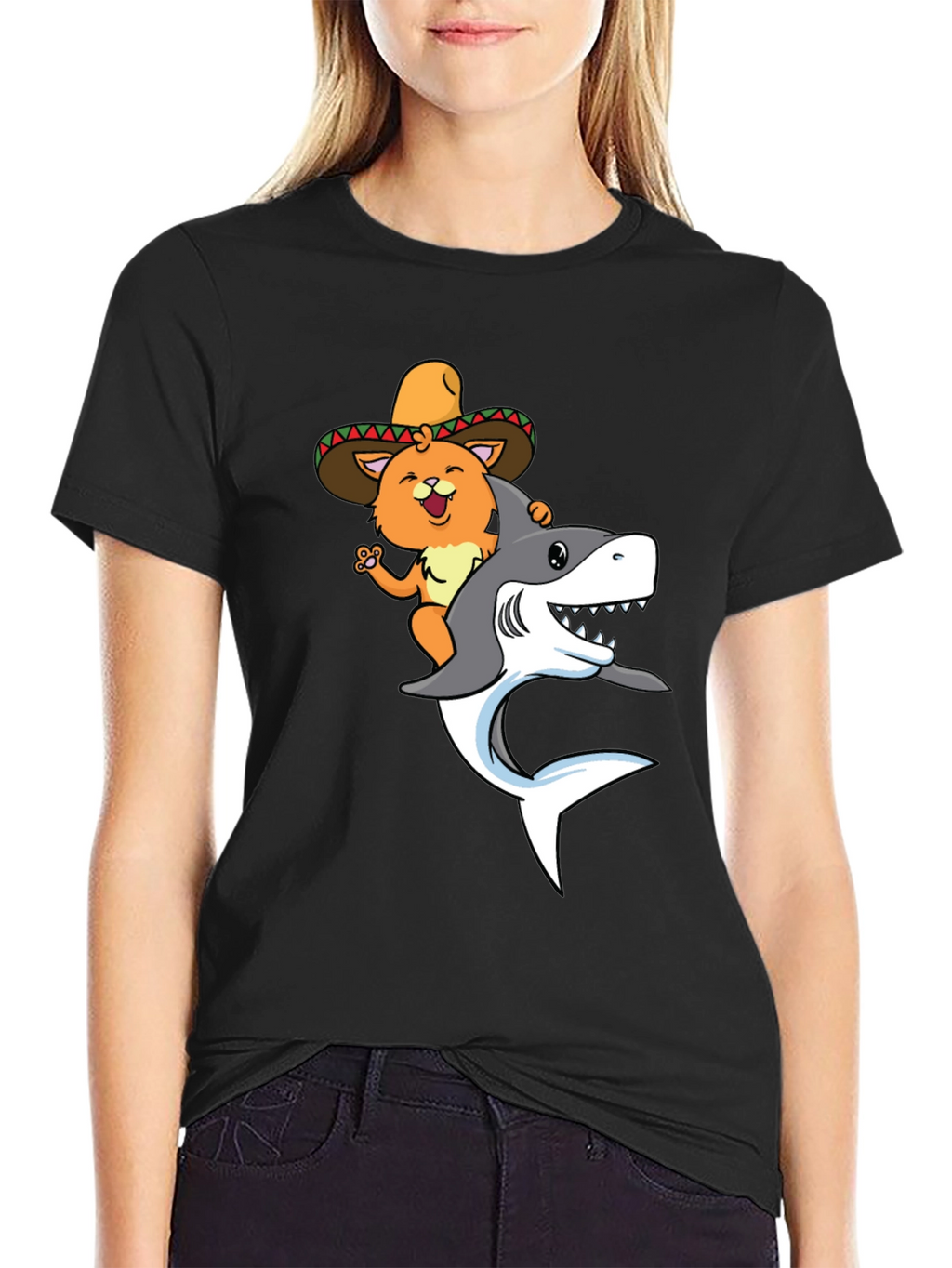 Cat Riding Shark T-Shirt - Black Novelty Tee