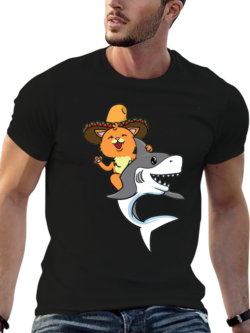 Cat Riding Shark T-Shirt - Black Novelty Tee
