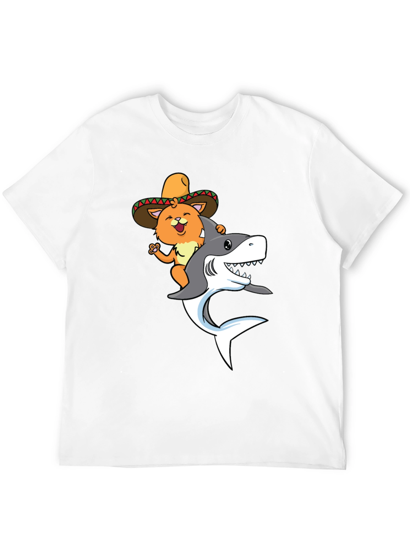 Cat Riding Shark T-Shirt - Black Novelty Tee