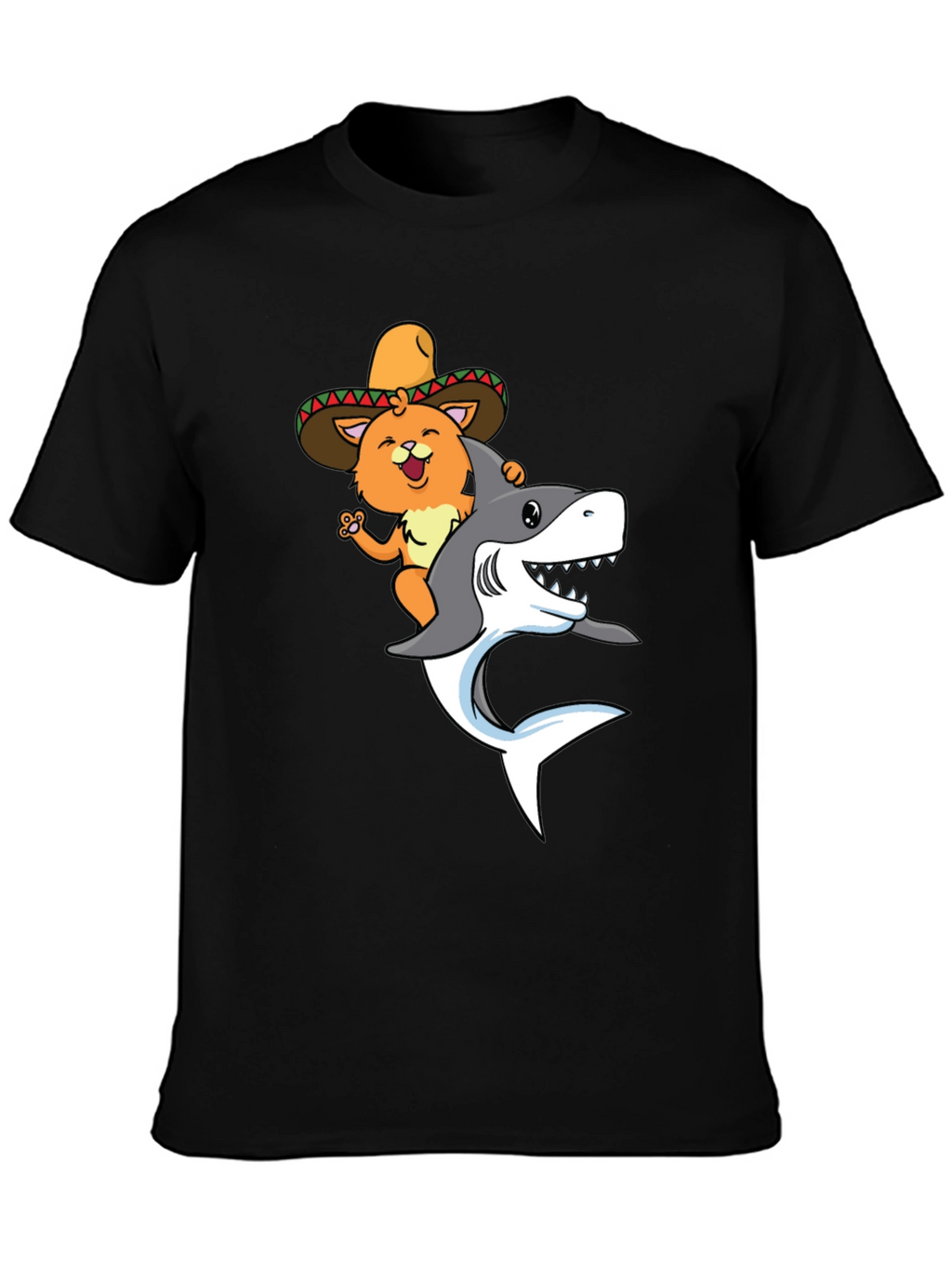 Cat Riding Shark T-Shirt - Black Novelty Tee