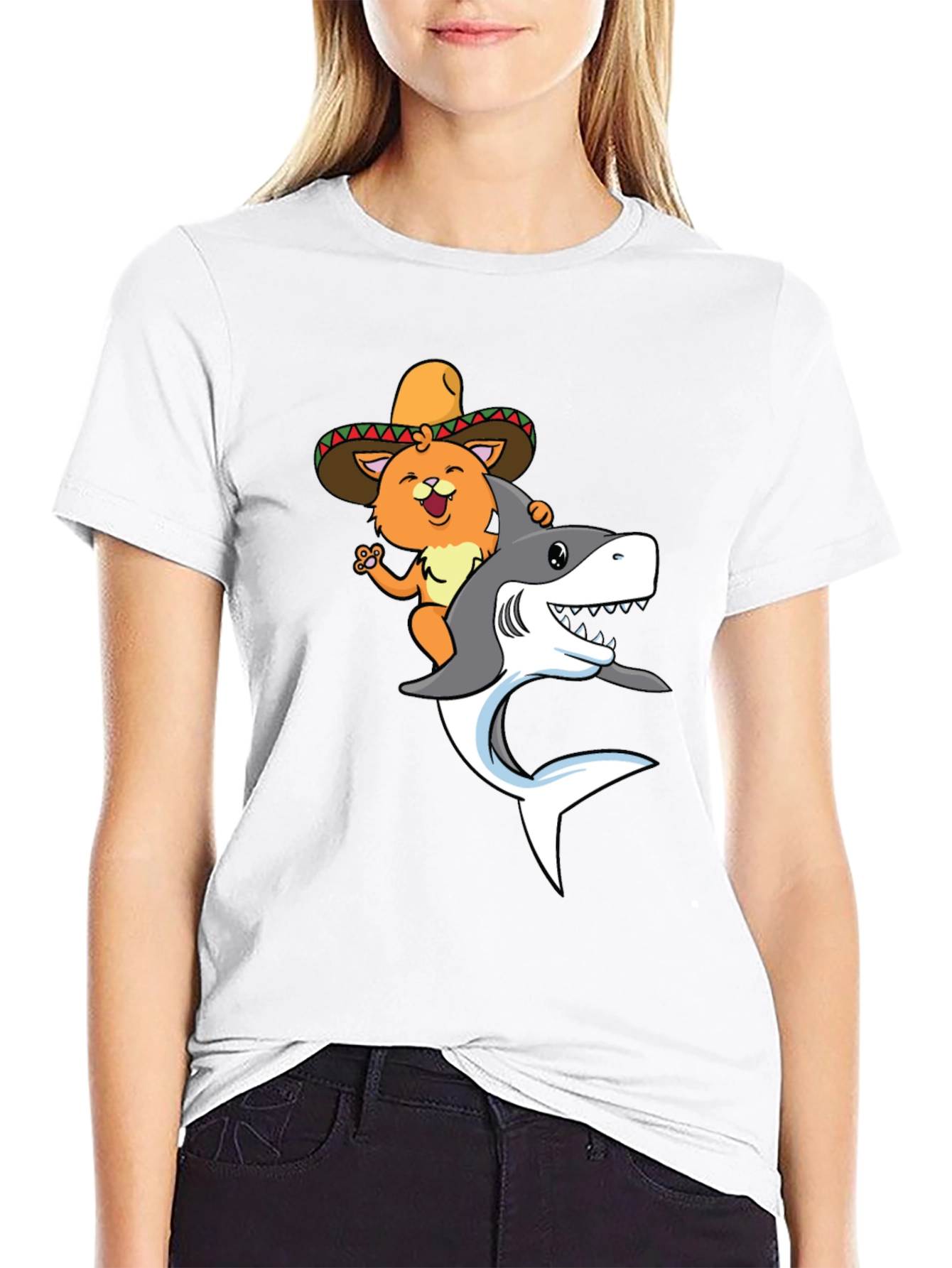 Cat Riding Shark T-Shirt - Black Novelty Tee