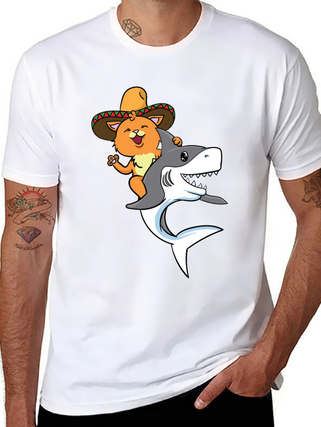 Cat Riding Shark T-Shirt - Black Novelty Tee