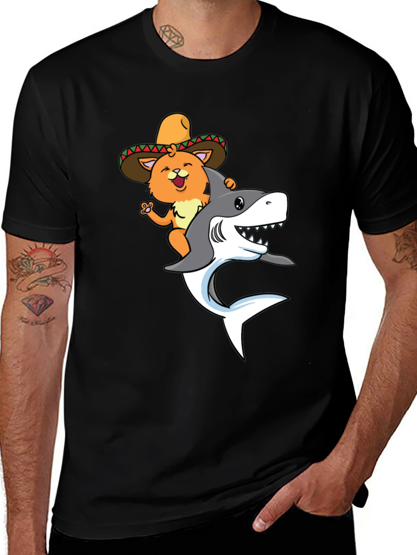 Cat Riding Shark T-Shirt - Black Novelty Tee