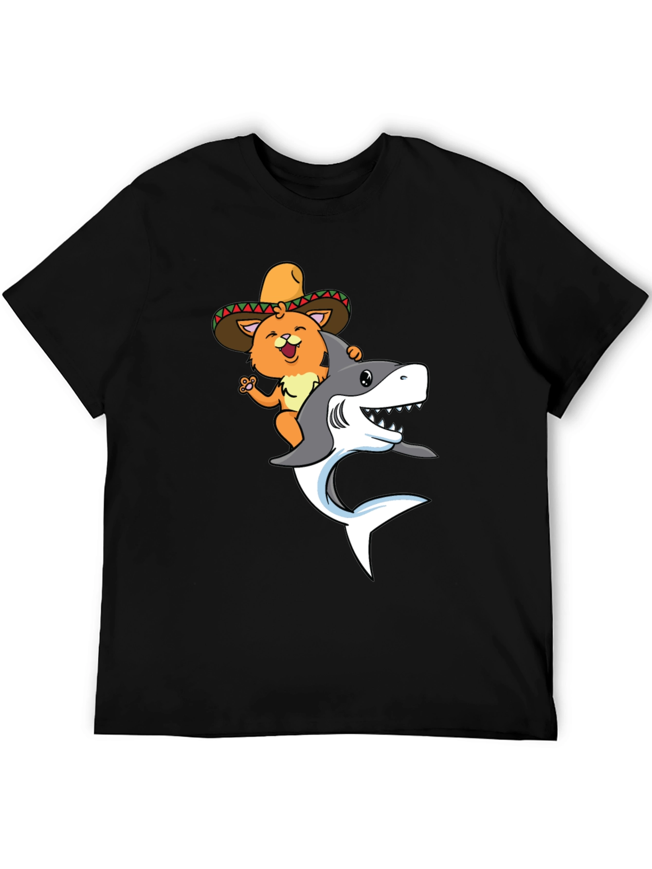 Cat Riding Shark T-Shirt - Black Novelty Tee