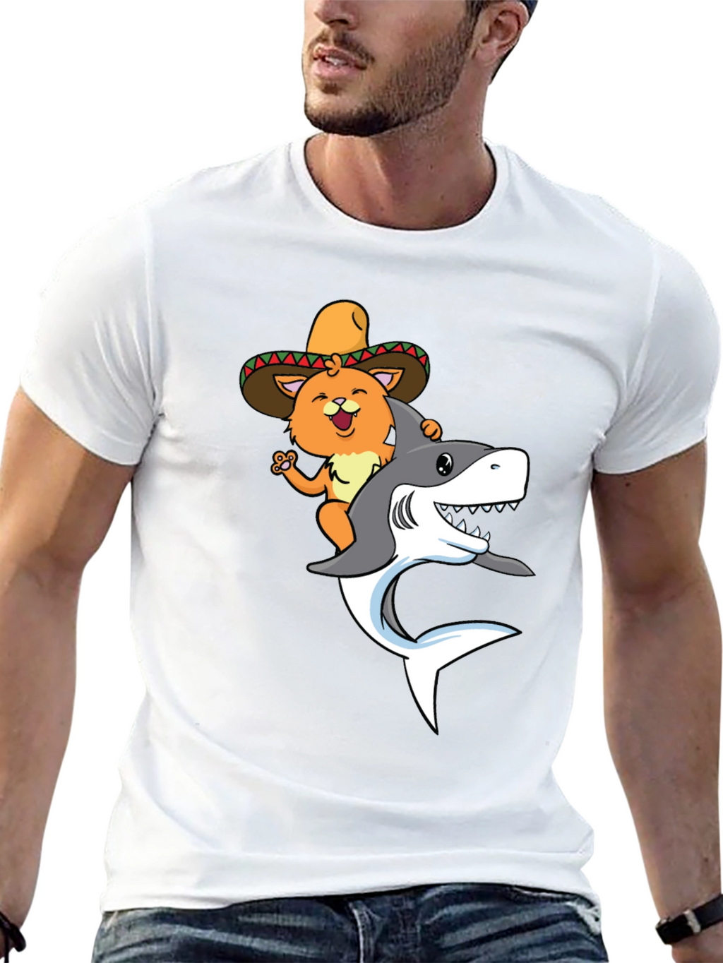 Cat Riding Shark T-Shirt - Black Novelty Tee