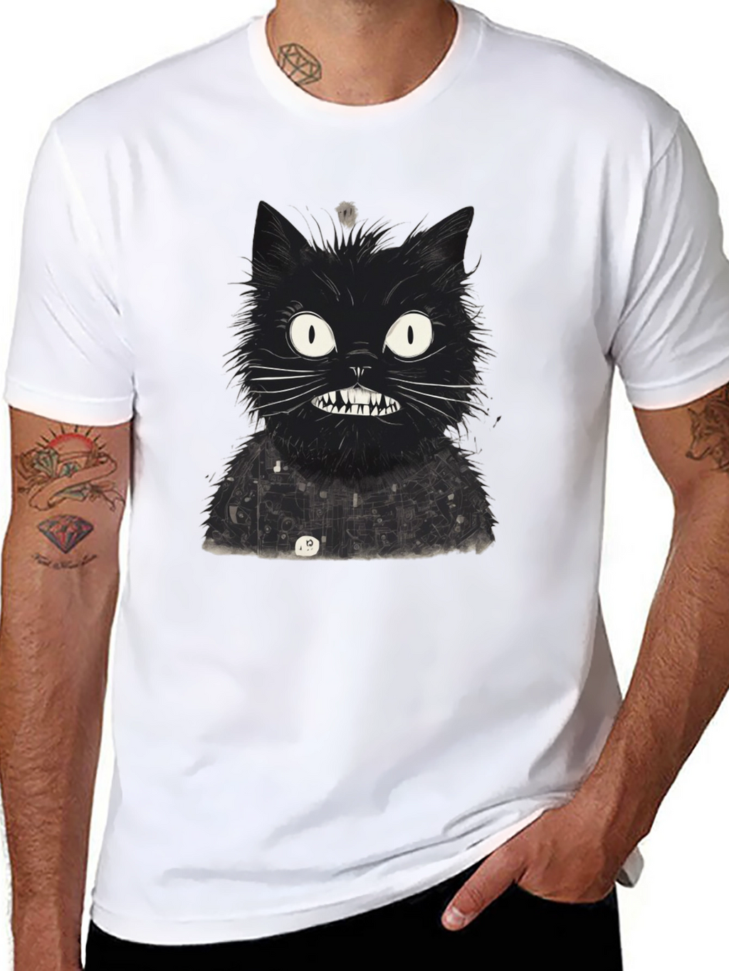 Mens Black Cat Graphic Tee - Quirky Print