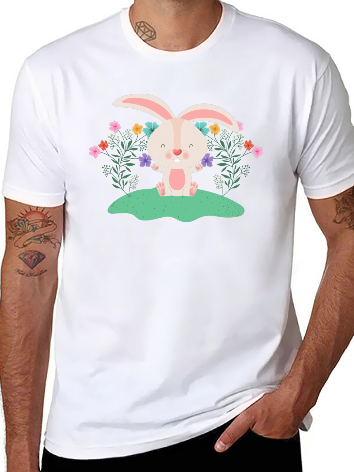 Cute Bunny Floral Black T-Shirt