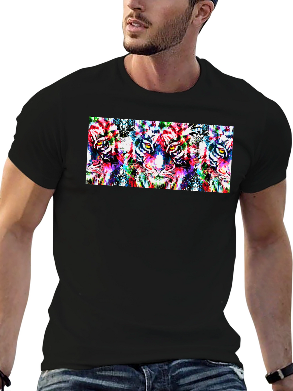 Psychedelic Tiger Print Black T-Shirt