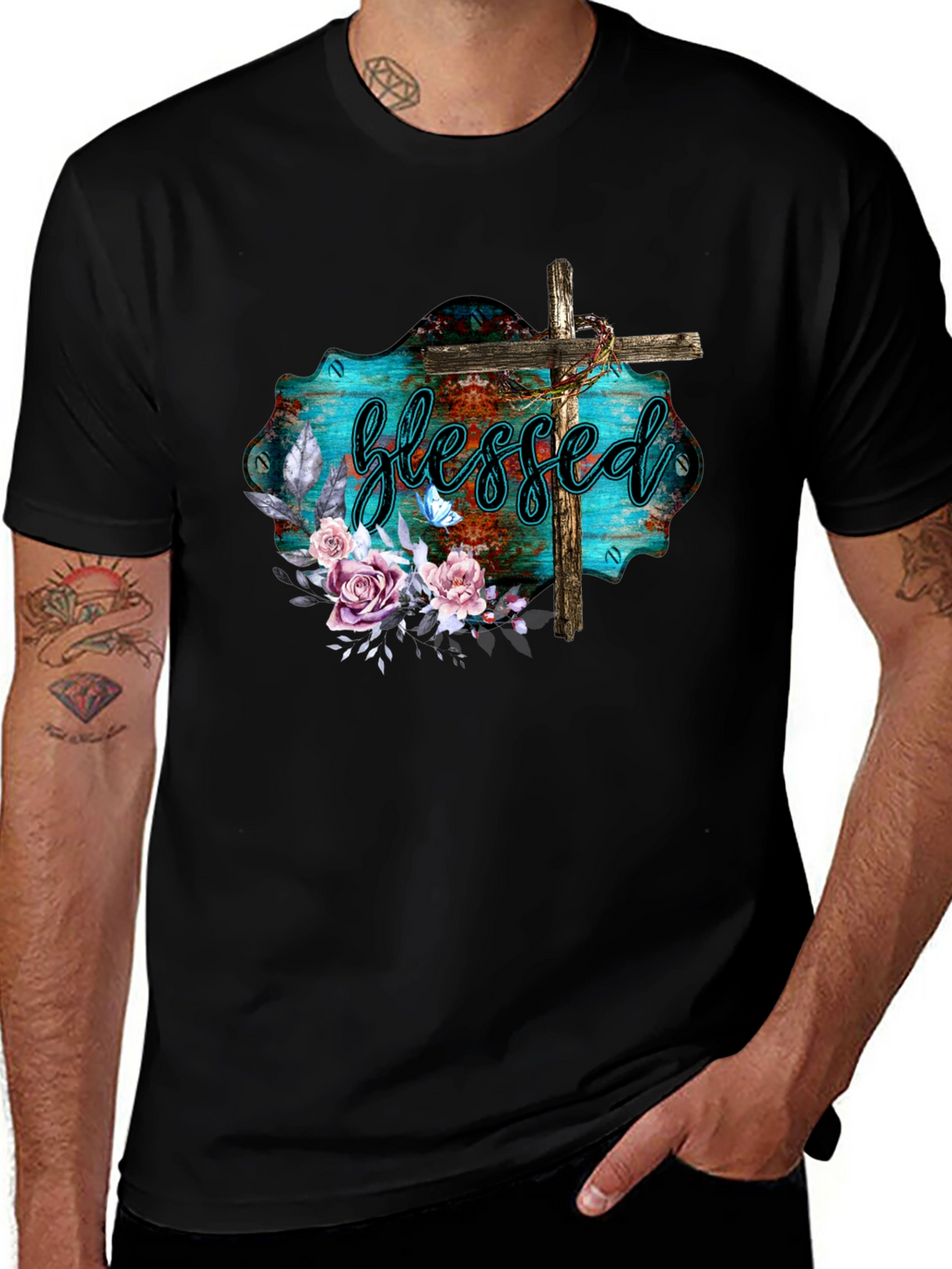 Blessed Christian T-Shirt with Floral Cross Design